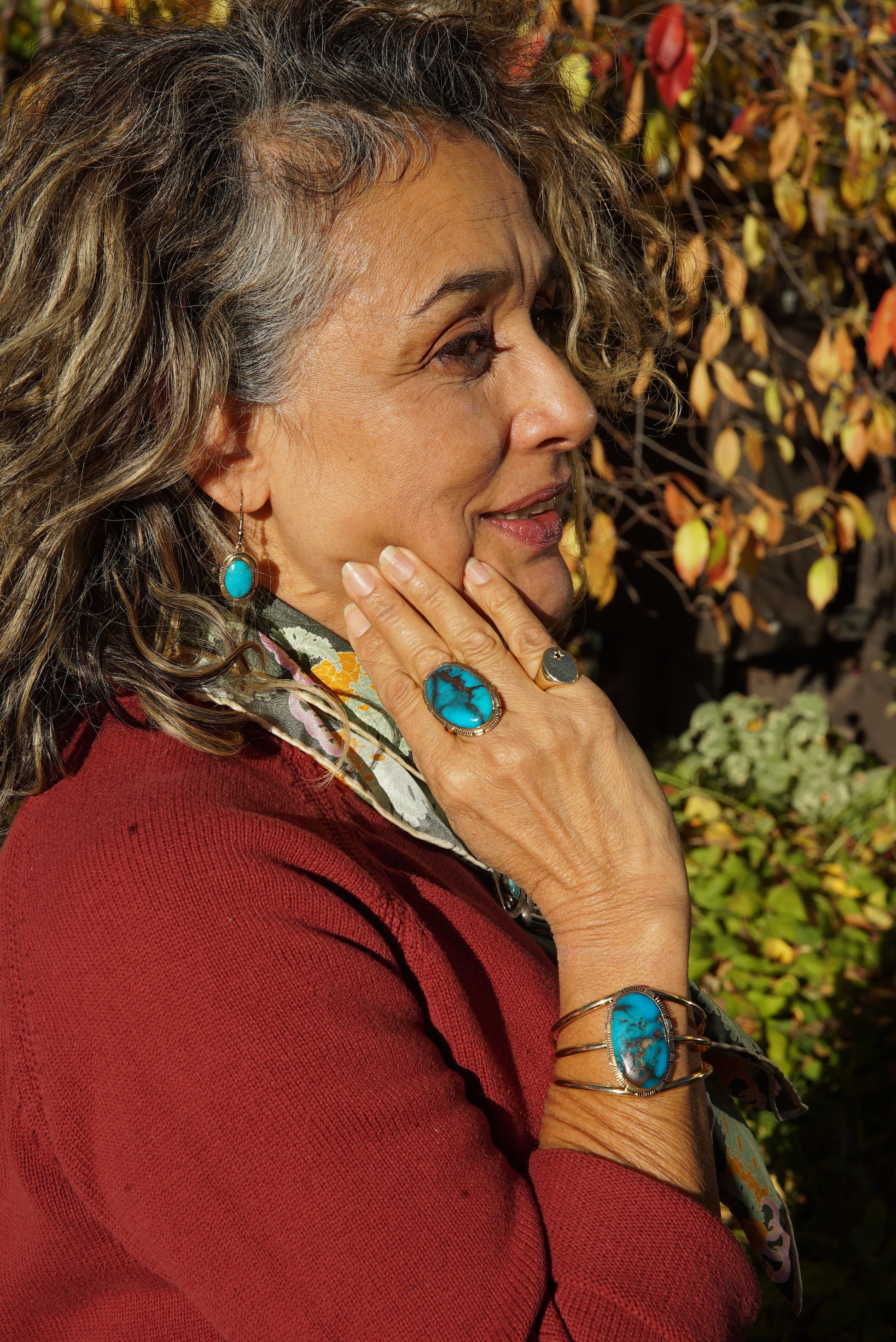 Rare Vintage Turquoise Set: Cuff, Ring, Earrings Rare Vintage Turquoise Set: Cuff, Ring, Earrings Native American Collection Native American Collection  Squash Blossom Vail