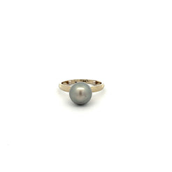 Tahitian Cultured Pearl Ring 9.4 mm, gray color with clean surface and satin luster - Squash Blossom Vail
