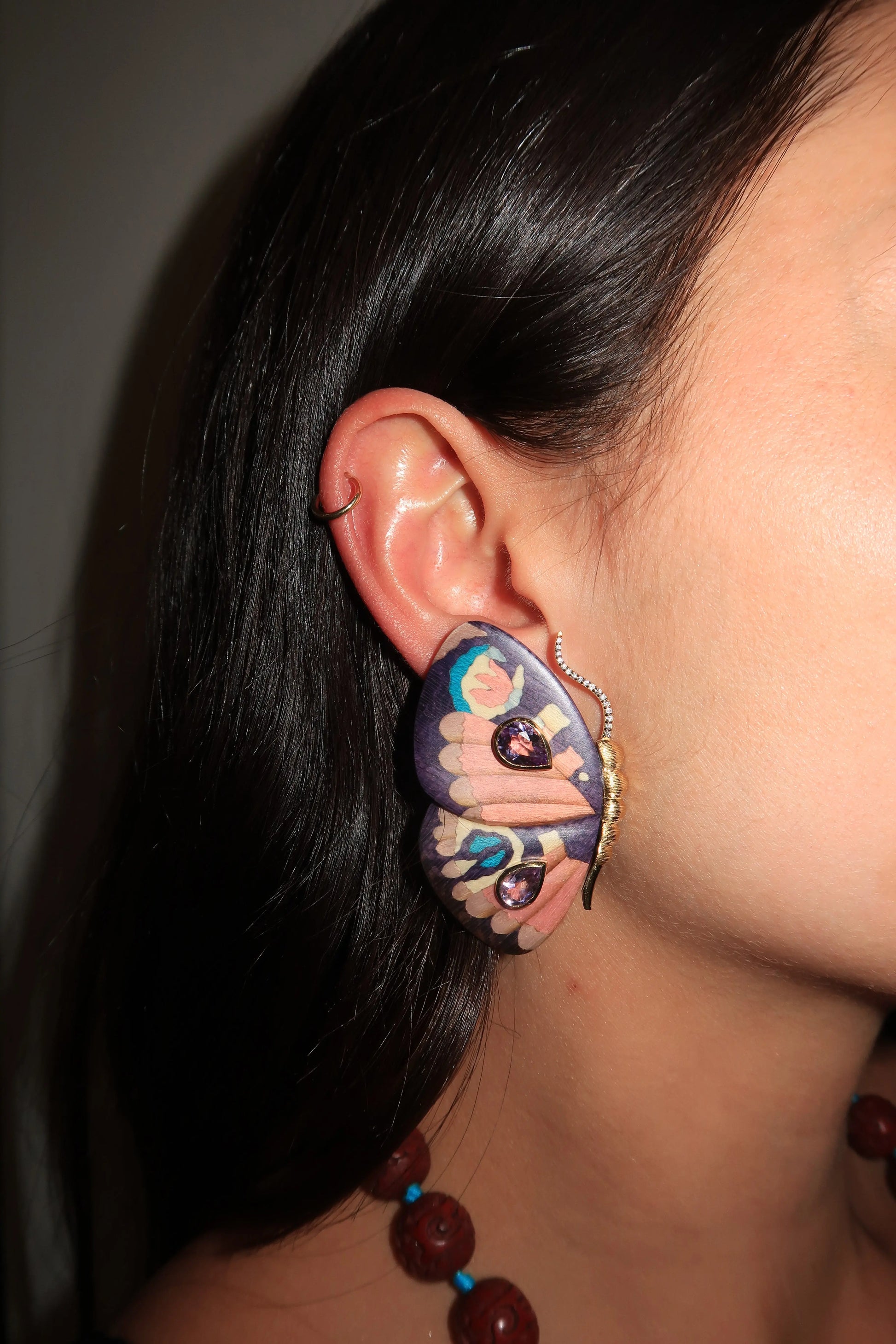 18K Butterfly wing earrings with purple pattern 18K Butterfly wing earrings with purple pattern Silvia Furmanovich Silvia Furmanovich  Squash Blossom Vail