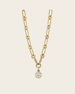 A Single Stone chain link gold necklace with diamond pendant.