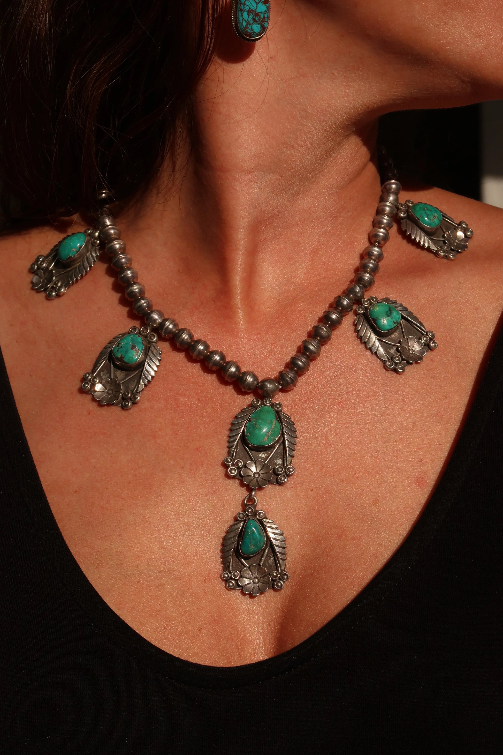 1960s Floral Station Necklace, Navajo 1960s Floral Station Necklace, Navajo Native American Collection Native American Collection  Squash Blossom Vail
