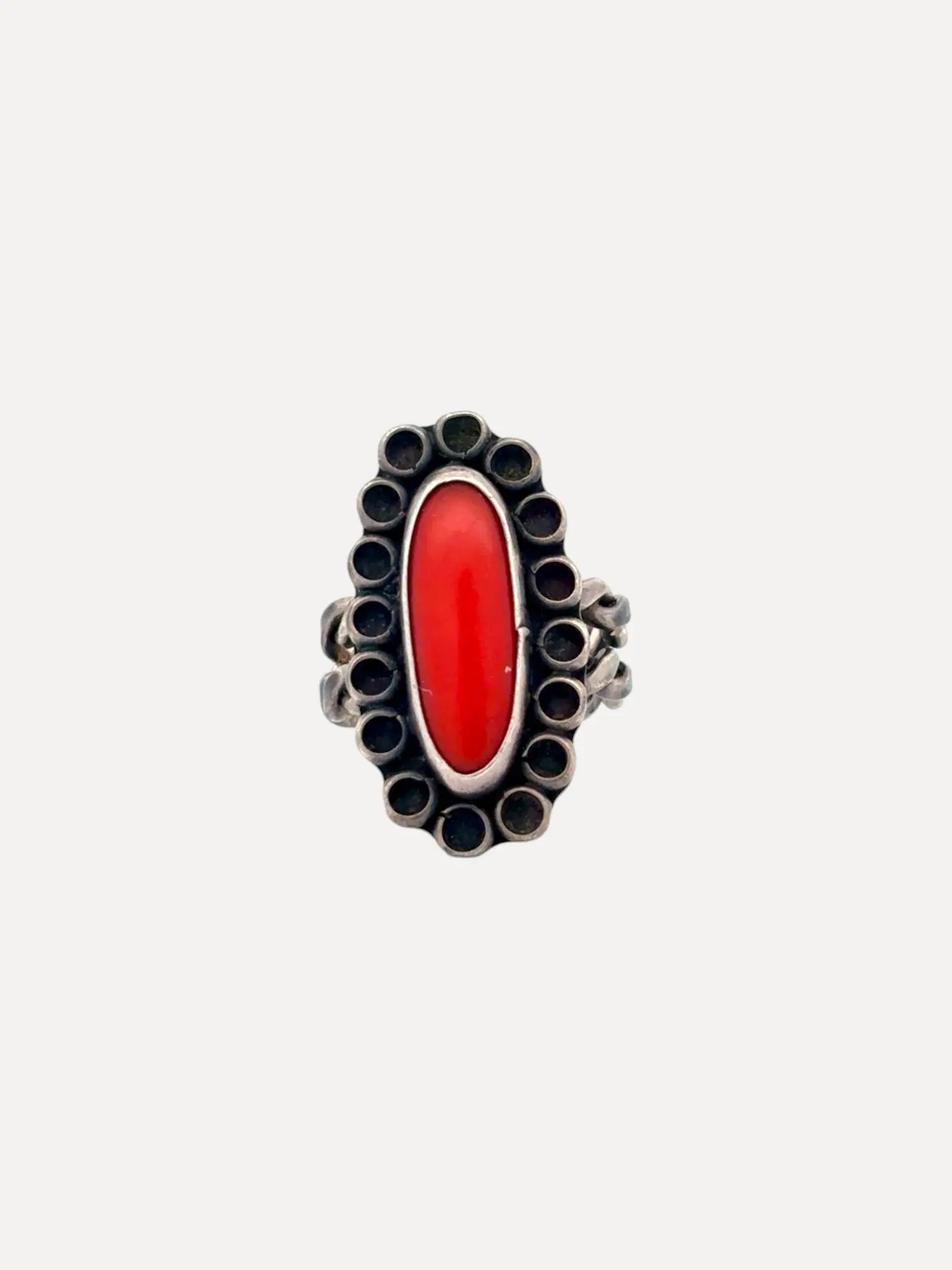 1960s Oval coral Ring, Twisted Band 1960s Oval coral Ring, Twisted Band Mike Devins Mike Devins  Squash Blossom Vail