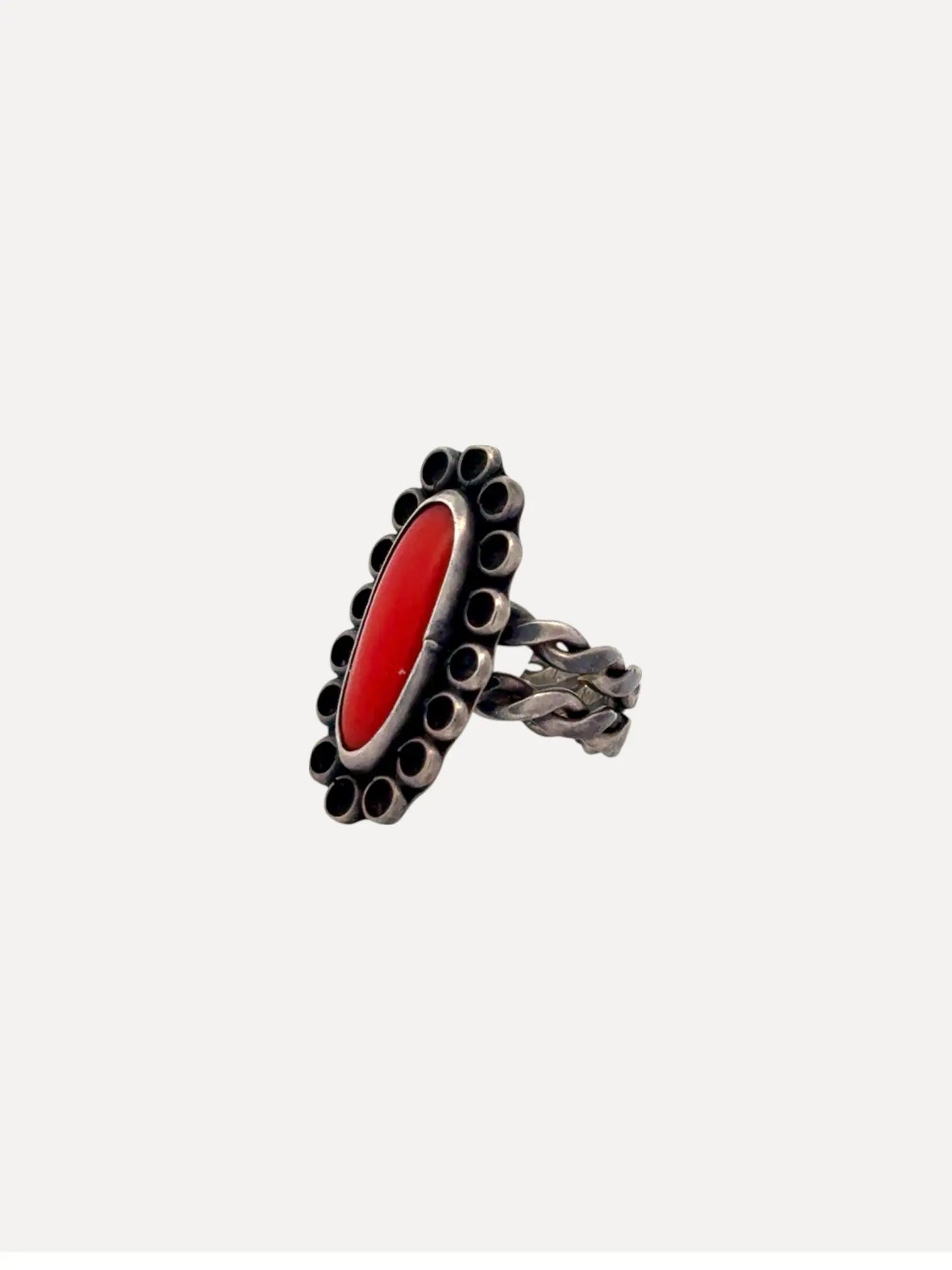 1960s Oval coral Ring, Twisted Band 1960s Oval coral Ring, Twisted Band Mike Devins Mike Devins  Squash Blossom Vail