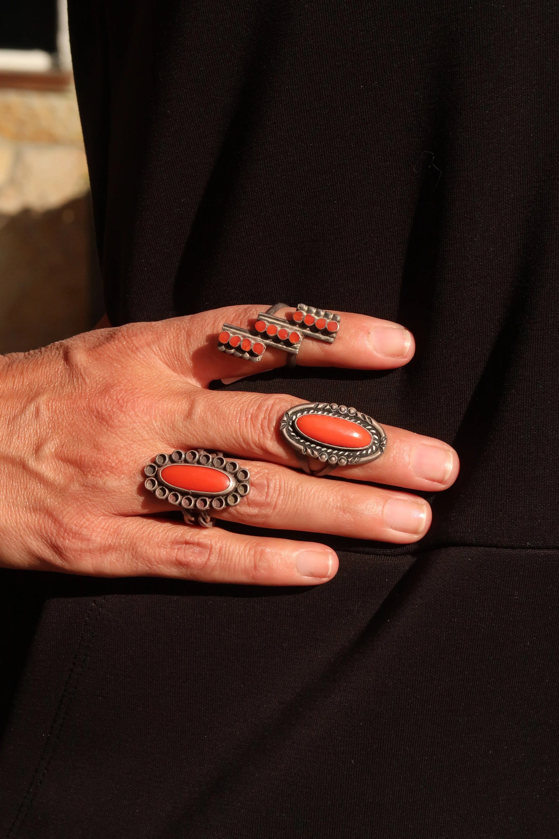 1960s Oval coral Ring, Twisted Band 1960s Oval coral Ring, Twisted Band Mike Devins Mike Devins  Squash Blossom Vail