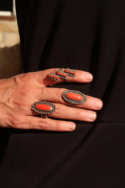 1960s Oval coral Ring, Twisted Band 1960s Oval coral Ring, Twisted Band Mike Devins Mike Devins  Squash Blossom Vail