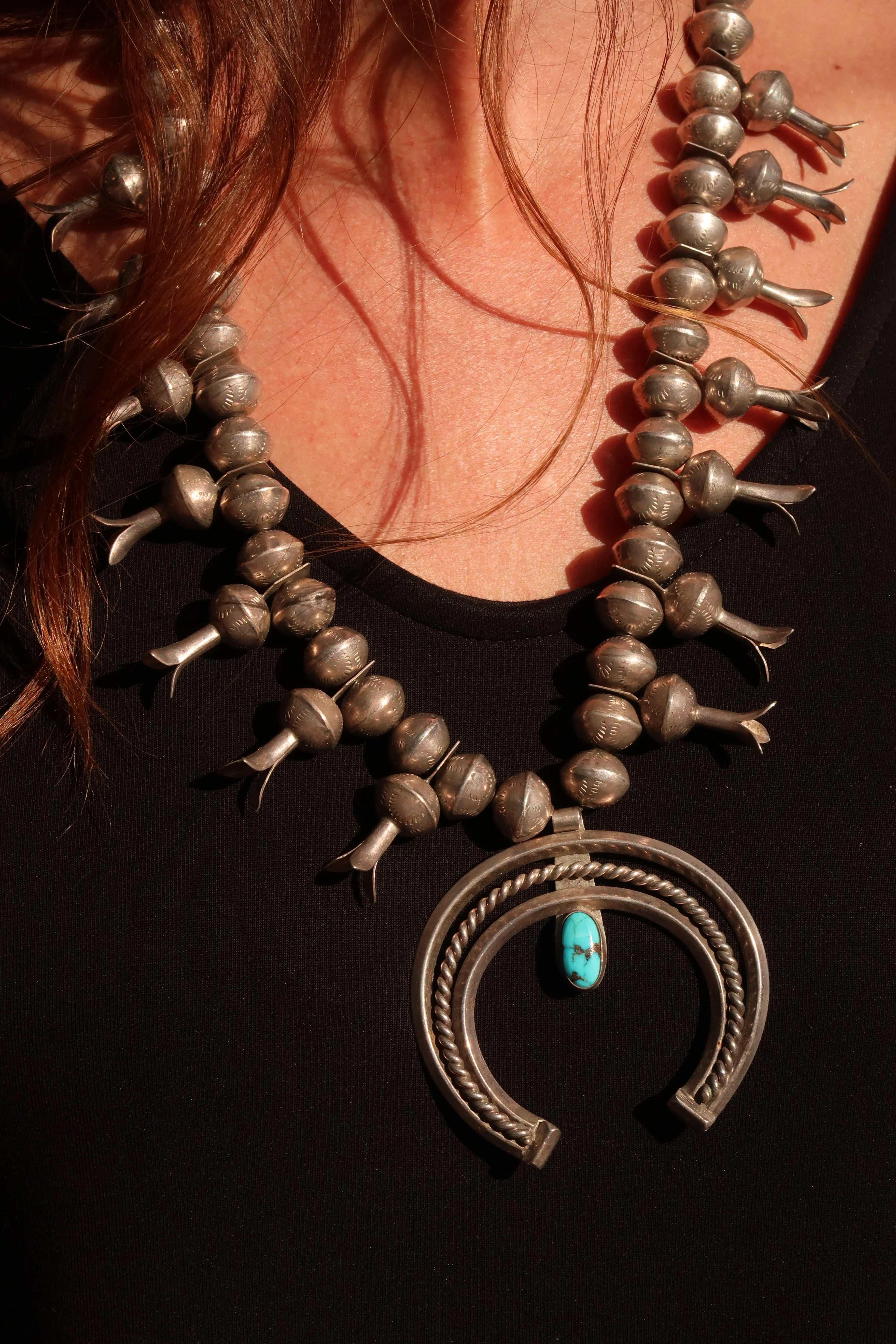 1960s Squash Blossom Necklace, one TQ stone - Squash Blossom Vail