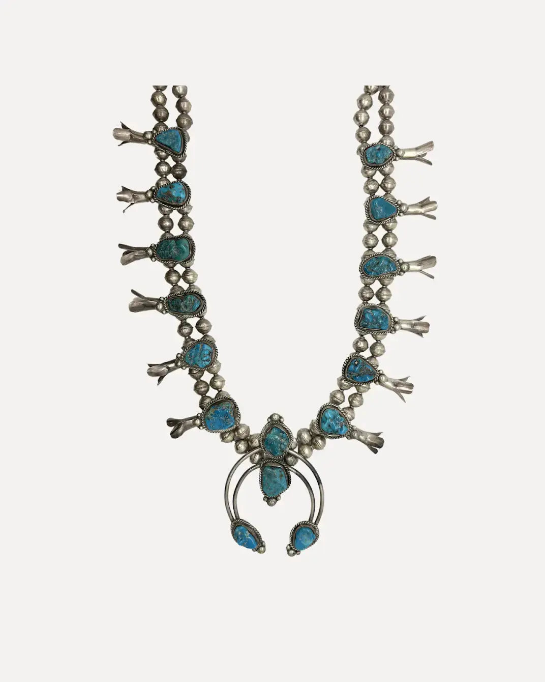 1960's Sterling Silver Turquoise Nugget Squash Blossom Necklace