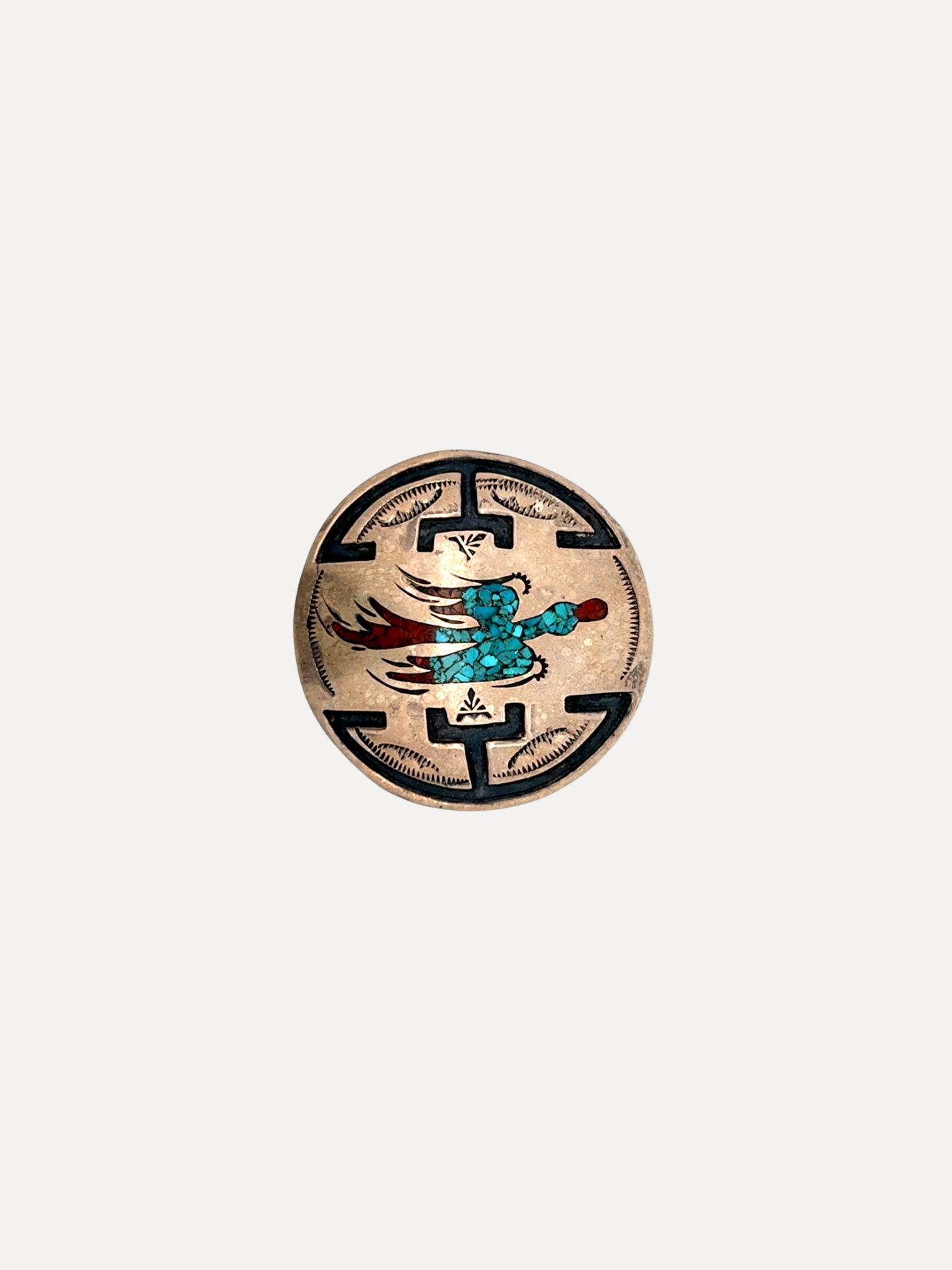 1970s Sterling Stamped Overlay and Chip Inlay Pendant or Pin
