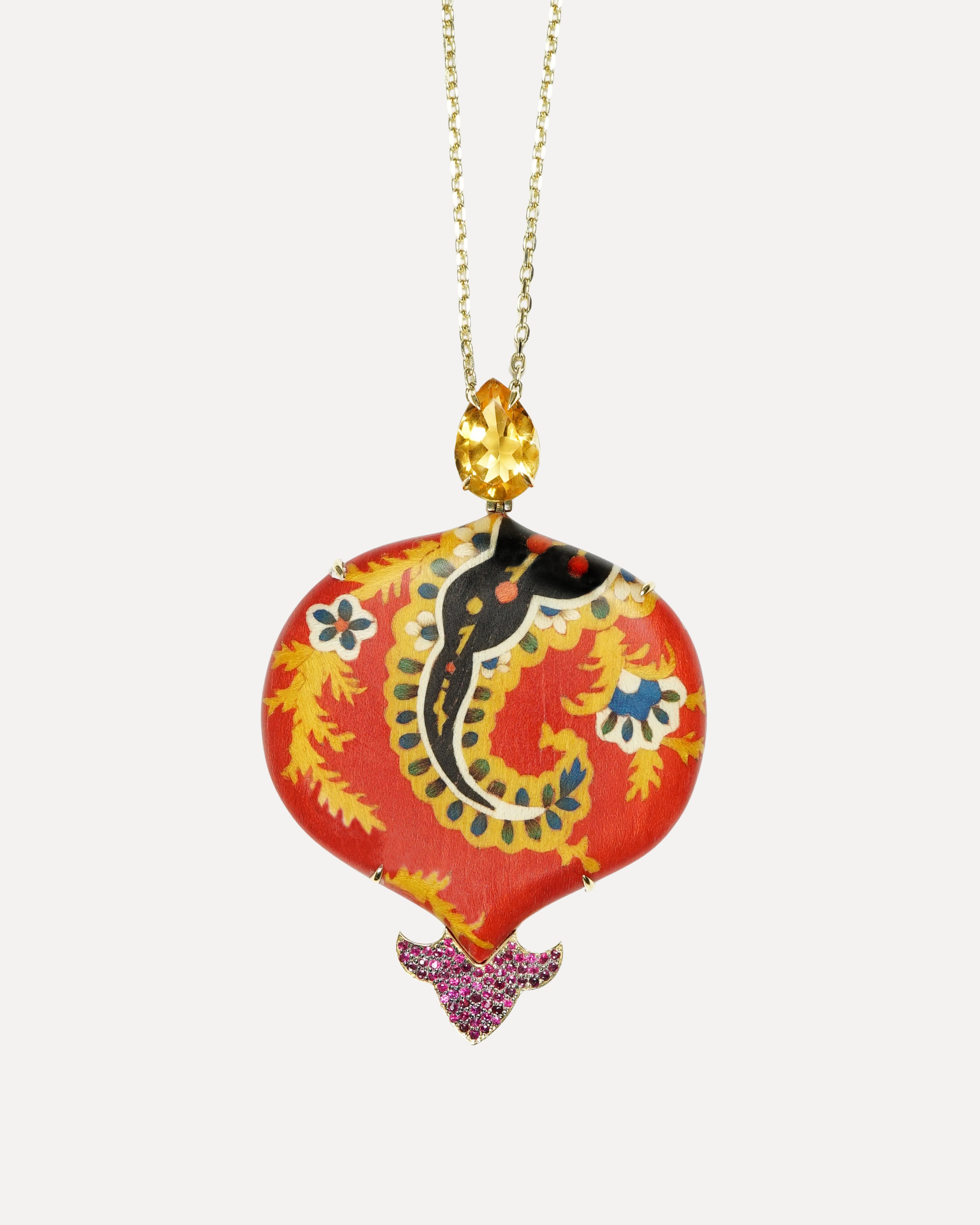 Pomegranate-shaped marquetry necklace