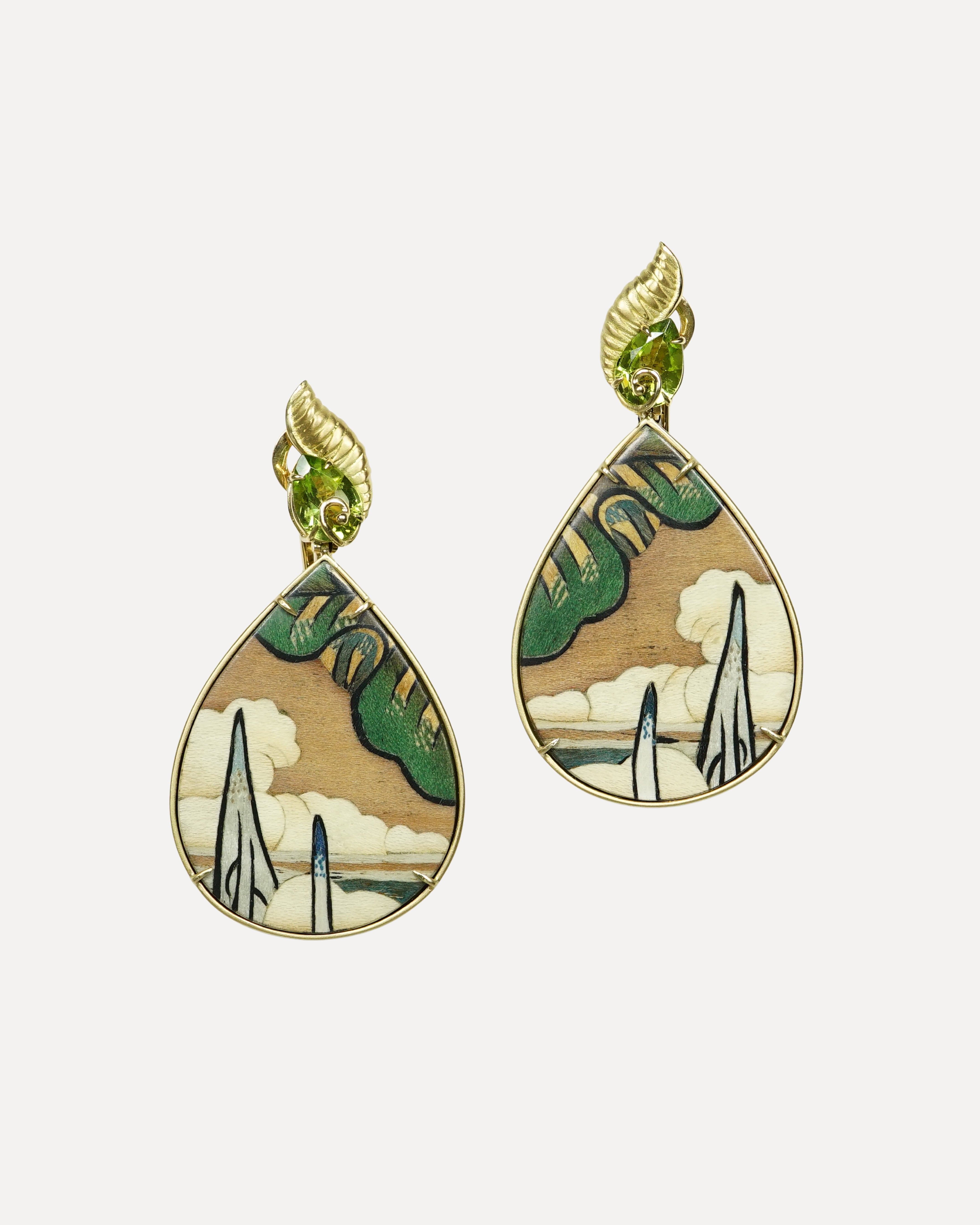 Marquetry earrings with drop format, Tibetan forest print, diamond and peridot earrings