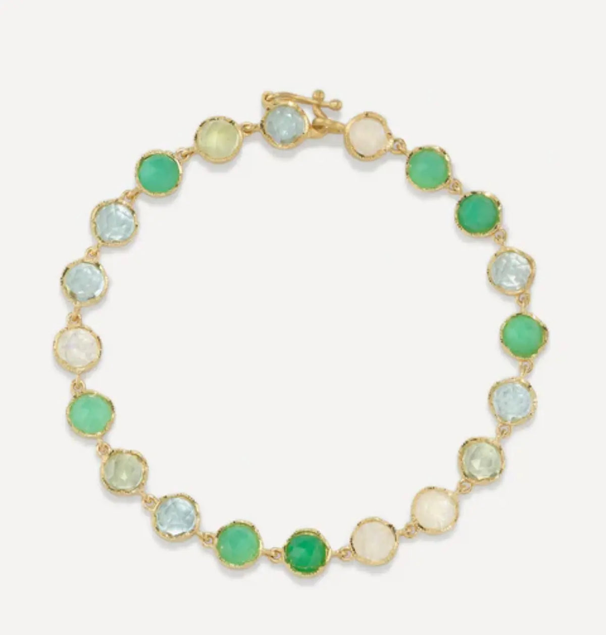 Small classic aquamarine, chrysoprase, prehnite and rainbow moonstone bracelet. Irene Neuwirth