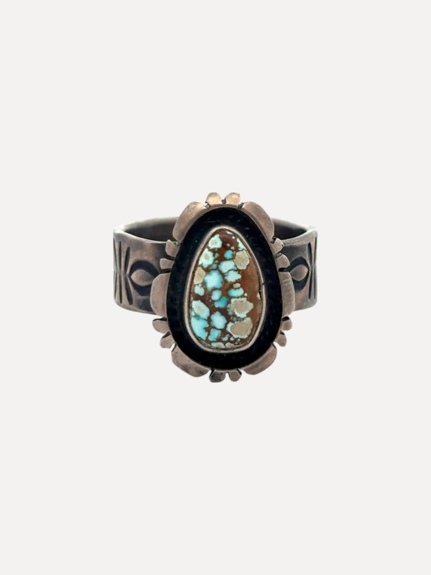 #8 Spiderweb Turquoise Ring by Nila Johnson, Sterling #8 Spiderweb Turquoise Ring by Nila Johnson, Sterling Native American Collection Native American Collection  Squash Blossom Vail