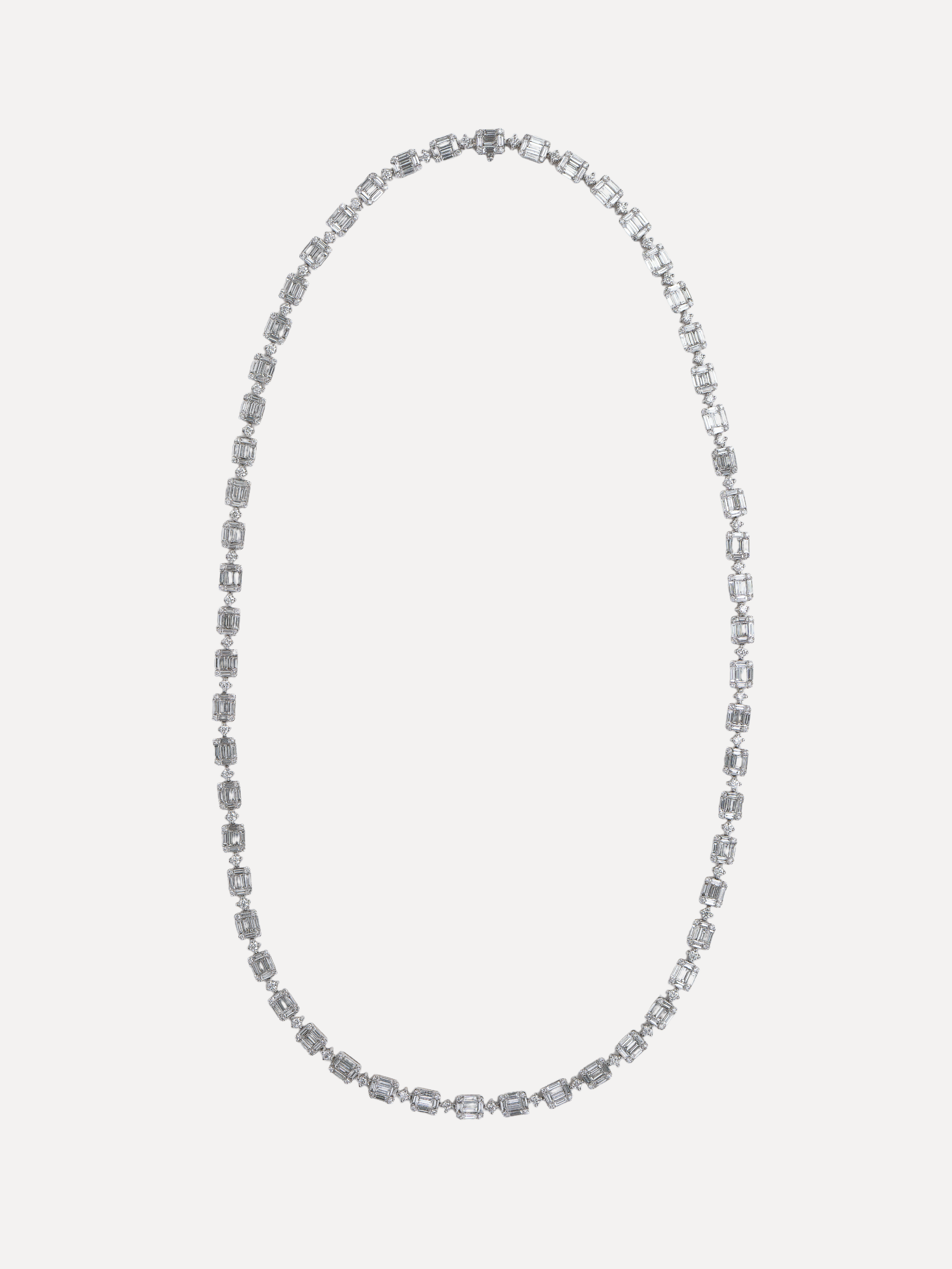 Baguette and Round Diamond Necklace on white background