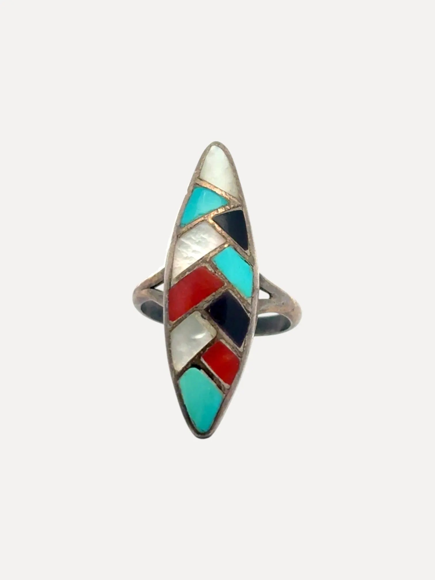 Basketweave Inlay Ring, TQ,  MOP, Coral, Onyx Basketweave Inlay Ring, TQ,  MOP, Coral, Onyx Native American Collection Native American Collection  Squash Blossom Vail