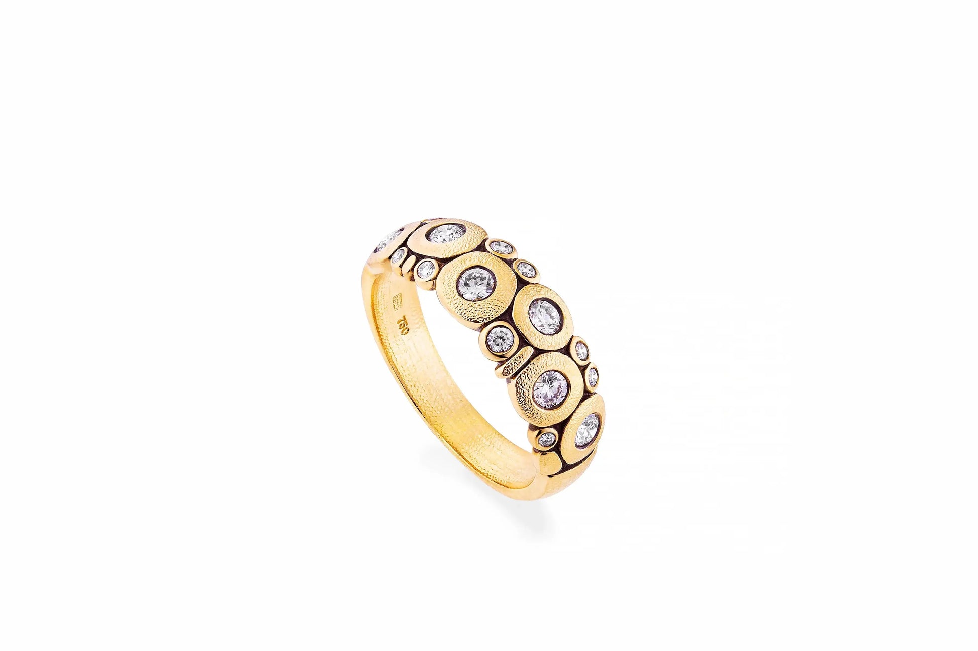 Alex begins with a wax model, which is eventually cast in 18kt gold, or platinum, and then hand-finished. The "Candy Dome" is set in 18k Yellow Gold with 14 white diamonds totaling .42 cttw.    Ring Size: 7  If you need a different size, please email shop@sbvail.com.