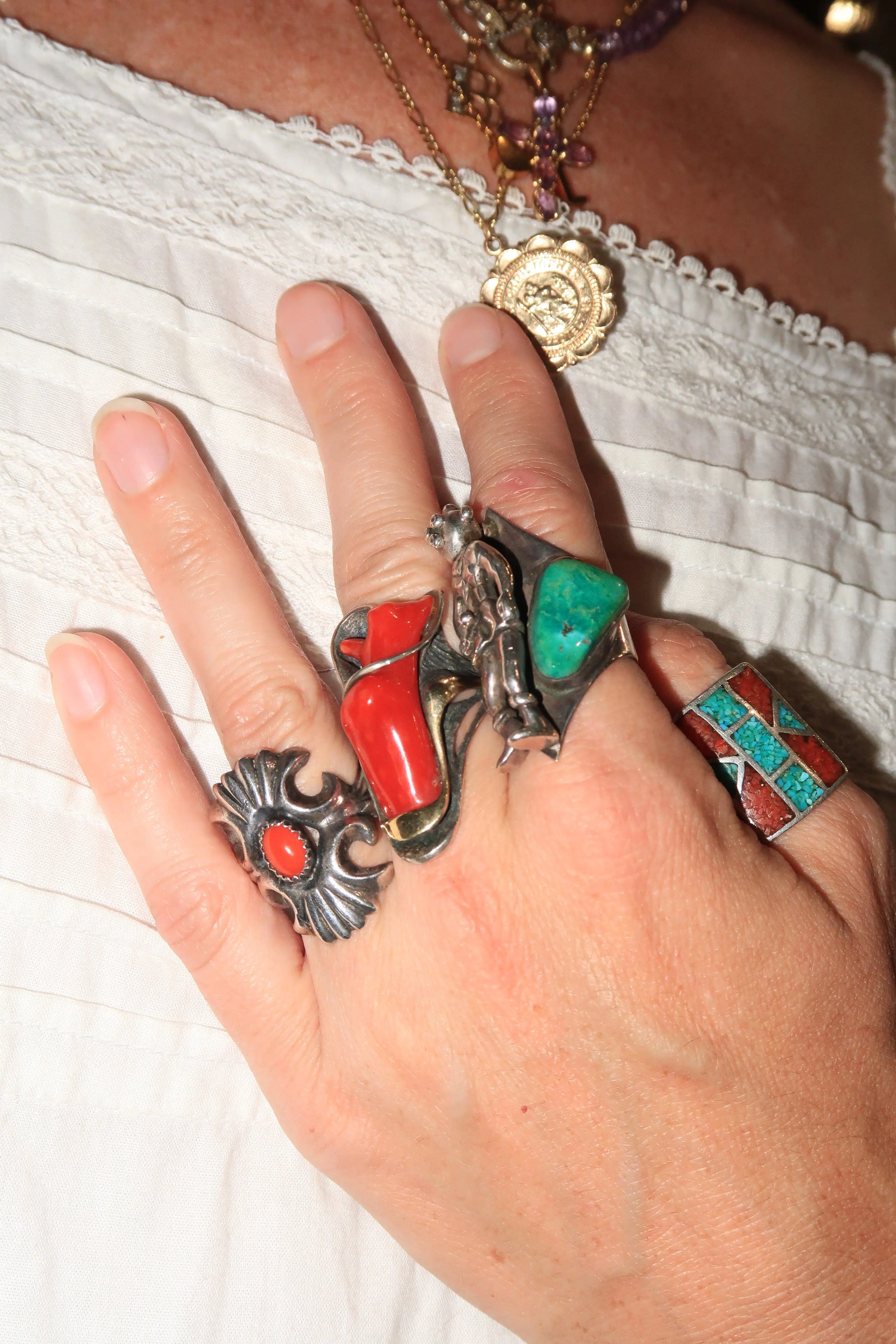 Cast Silver Ring with Coral stone Cast Silver Ring with Coral stone Native American Collection Native American Collection  Squash Blossom Vail