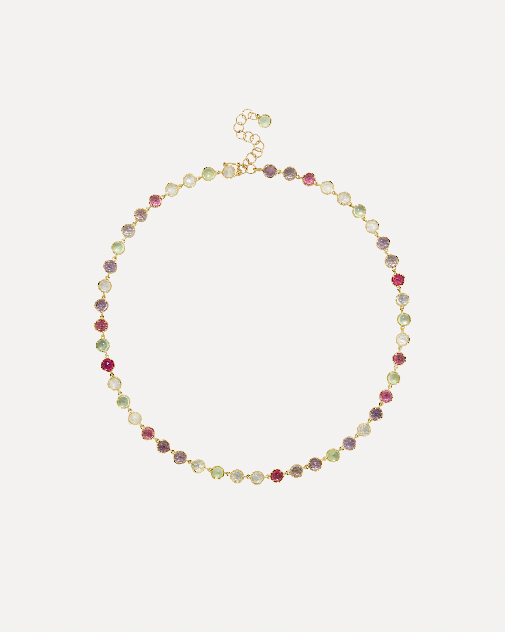 Classic Prehnite, Rose of France, Pink Tourmaline, and Rainbow Moonstone Necklace