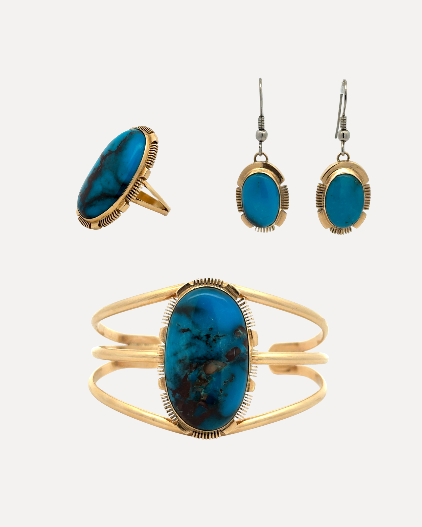 14KY Vintage Turquoise Set: Cuff, Ring, Earrings 14KY Vintage Turquoise Set: Cuff, Ring, Earrings Native American Collection Native American Collection  Squash Blossom Vail
