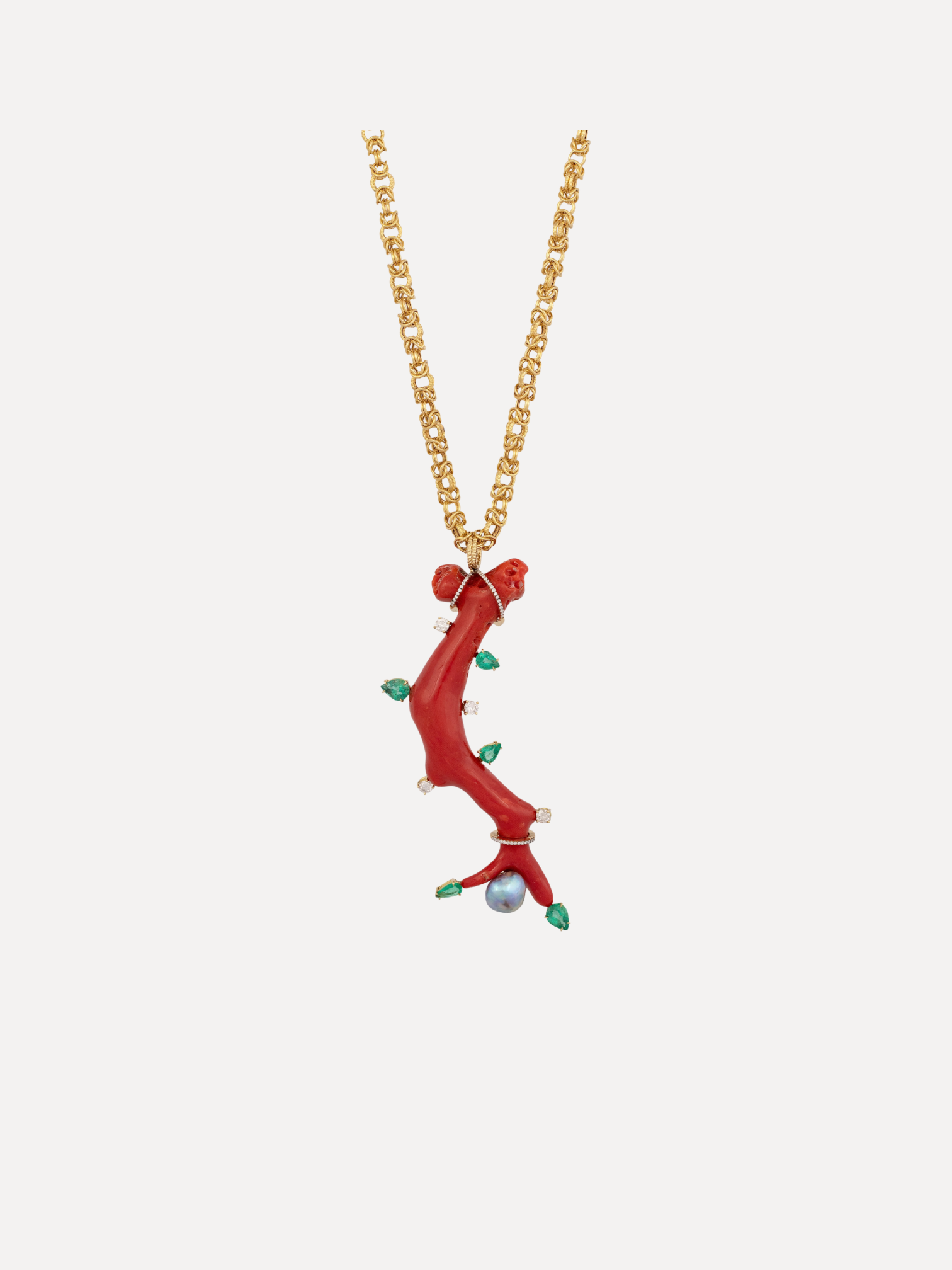 Coral Branch Pendant with Emeralds and Baroque Pearls