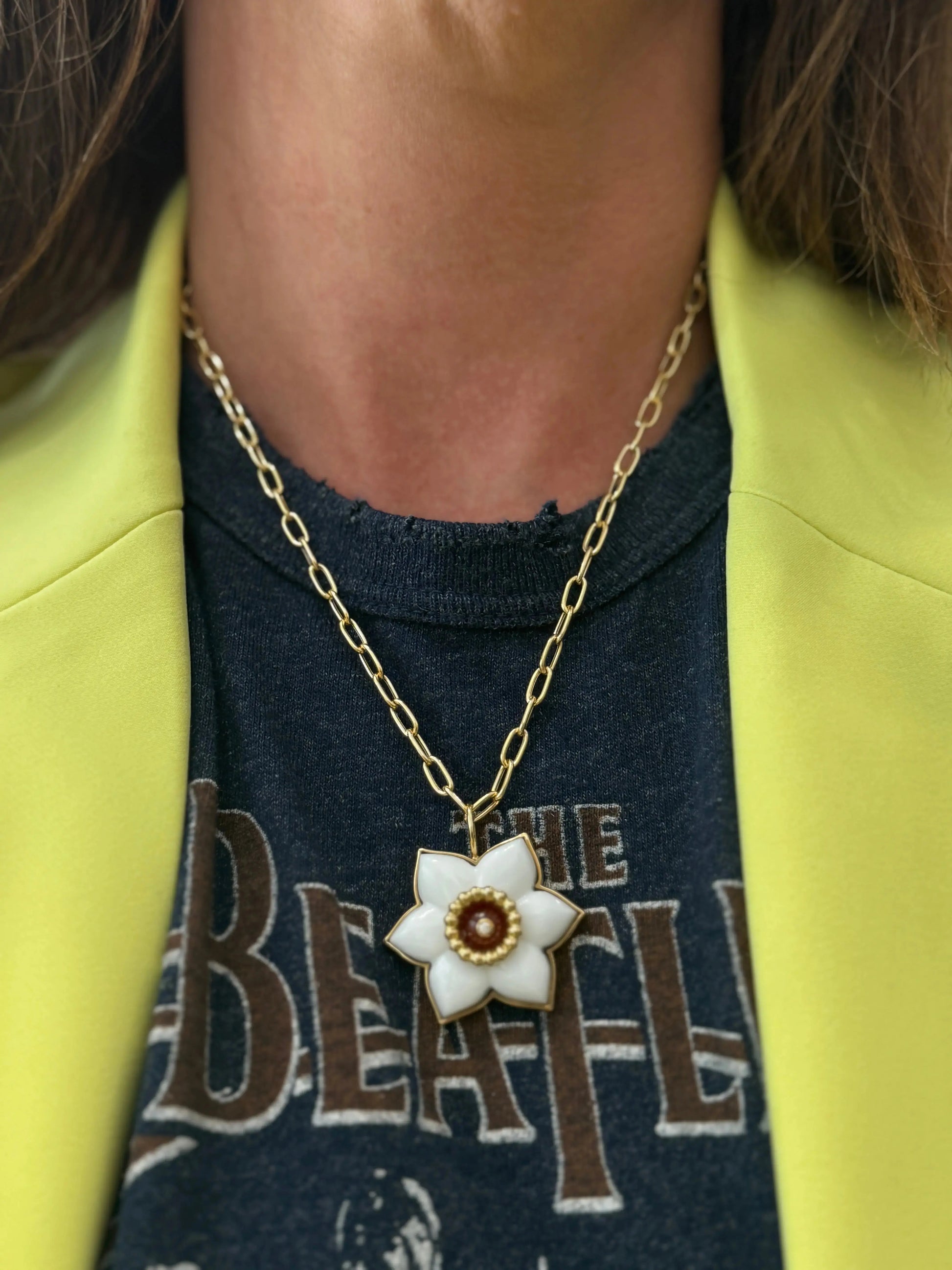 Daffodil Pendant with White Agate Daffodil Pendant with White Agate Brent Neale Brent Neale  Squash Blossom Vail