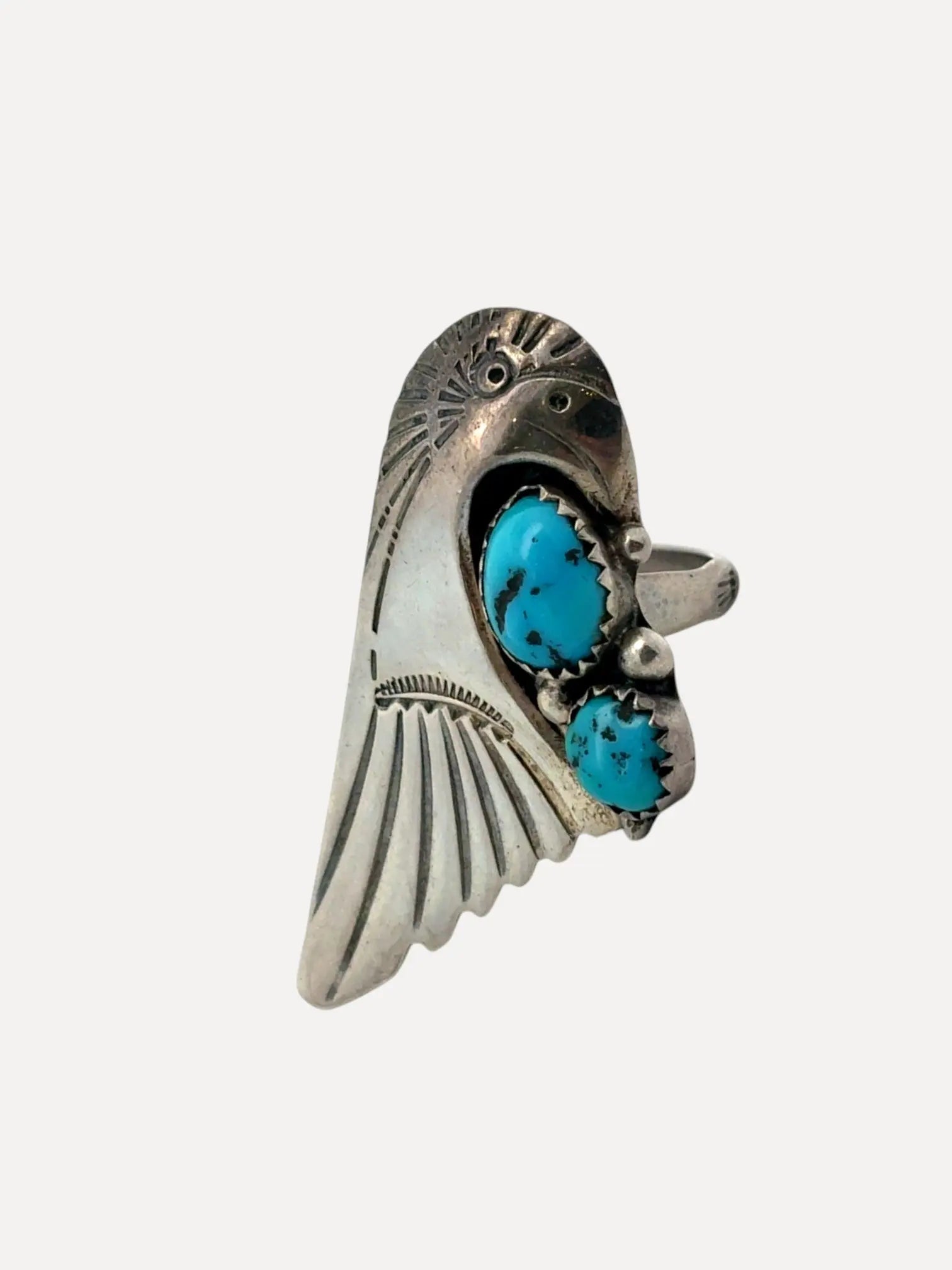 Eagle Head Ring w 2 Turquoise by Whirling Wing Eagle Head Ring w 2 Turquoise by Whirling Wing Native American Collection Native American Collection  Squash Blossom Vail
