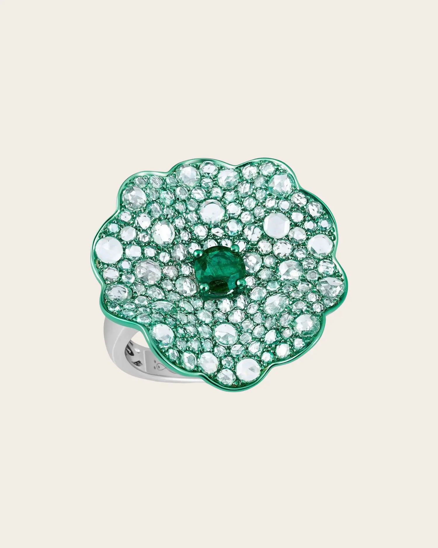 Emerald and Diamond Green Rhodium Flower Ring Emerald and Diamond Green Rhodium Flower Ring Graziela Gems Graziela Gems  Squash Blossom Vail