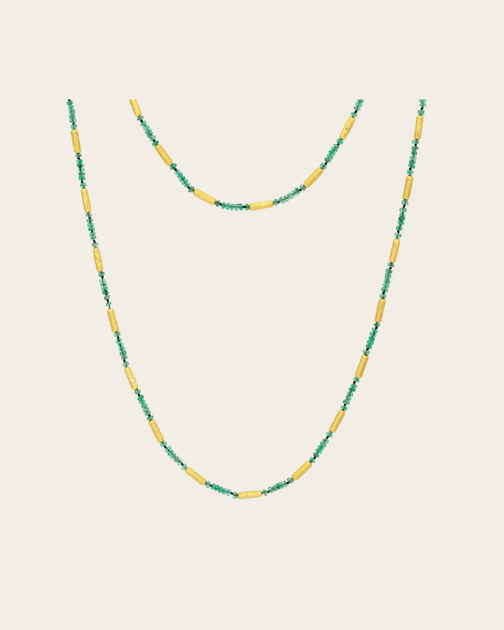 GURHAN Vertigo Gold Beaded Long Necklace, Hammered Gold Tubes, Emerald