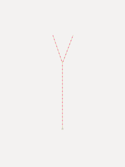 Long necklace with red beads on a white background
