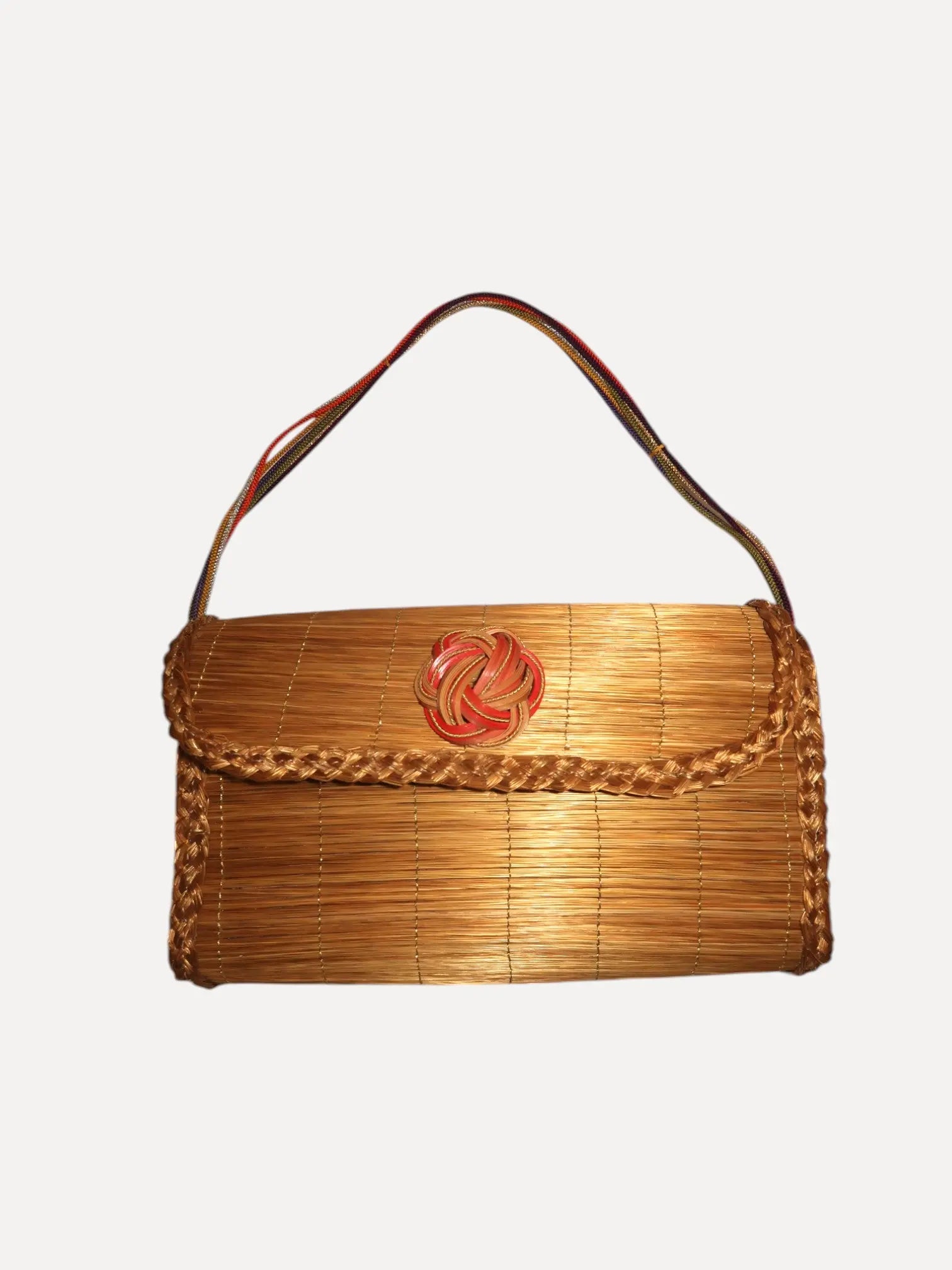 Golden grass braided bag with bamboo brooch and obi fabric Golden grass braided bag with bamboo brooch and obi fabric Silvia Furmanovich Silvia Furmanovich  Squash Blossom Vail