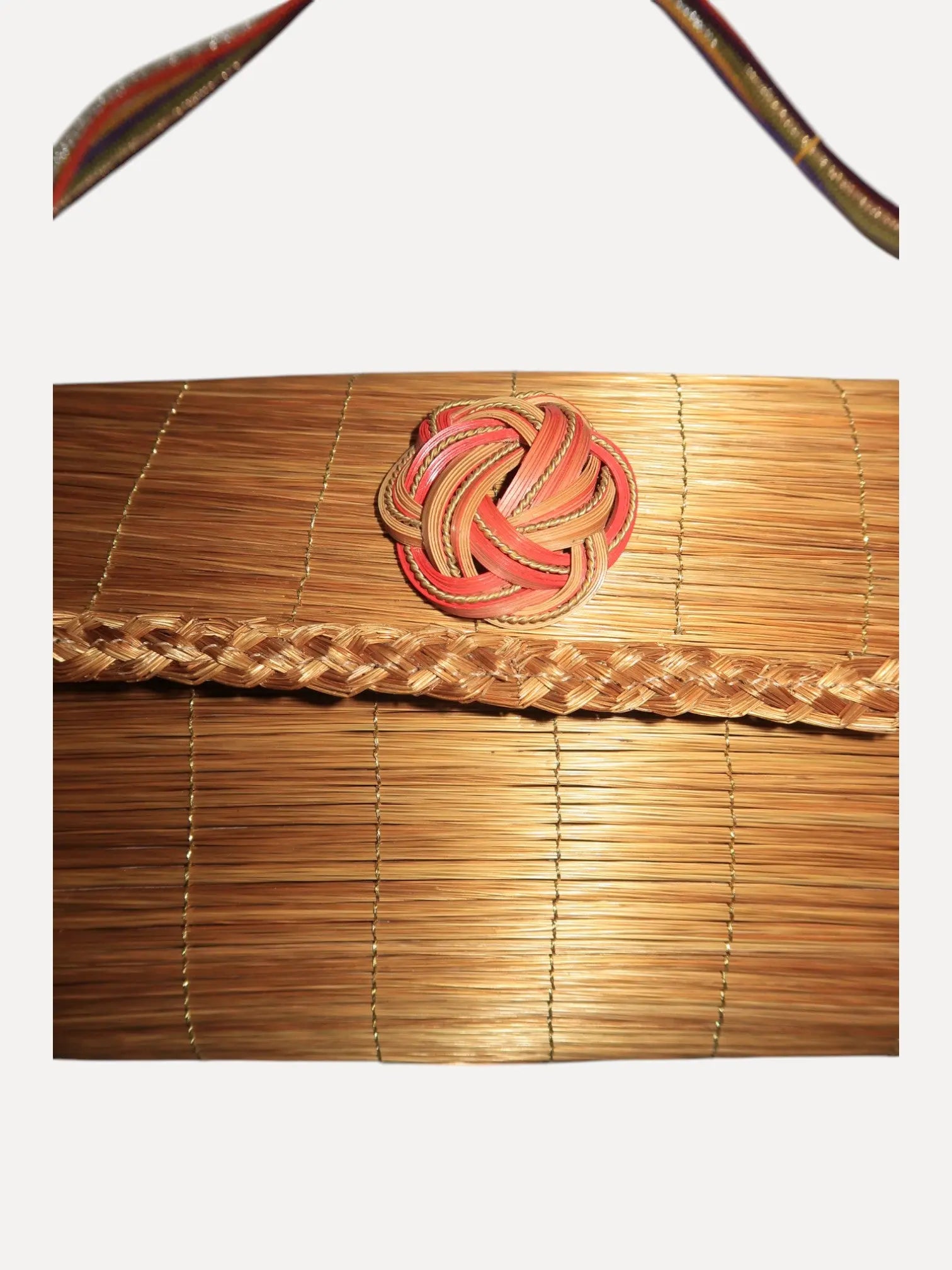 Golden grass braided bag with bamboo brooch and obi fabric Golden grass braided bag with bamboo brooch and obi fabric Silvia Furmanovich Silvia Furmanovich  Squash Blossom Vail