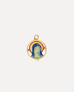 A gold hand painted mini Madonna pendant by Prehistoric Works.