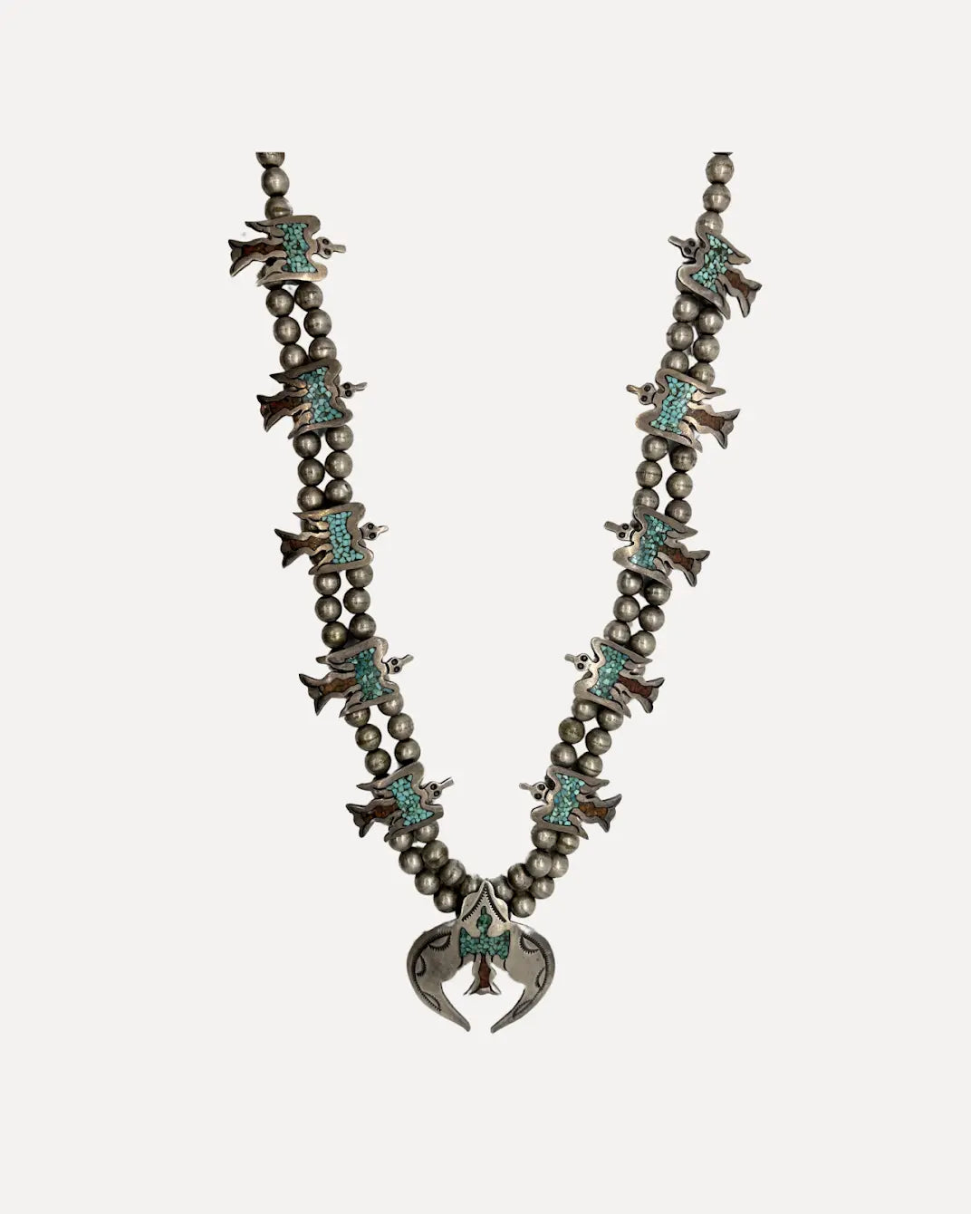 Inlay Peyote Bird Coral & Turquoise Squash Blossom Necklace Inlay Peyote Bird Coral & Turquoise Squash Blossom Necklace Native American Collection Native American Collection  Squash Blossom Vail