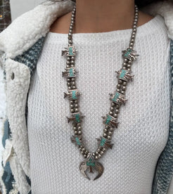 Inlay Peyote Bird Coral & Turquoise Squash Blossom Necklace Inlay Peyote Bird Coral & Turquoise Squash Blossom Necklace Native American Collection Native American Collection  Squash Blossom Vail