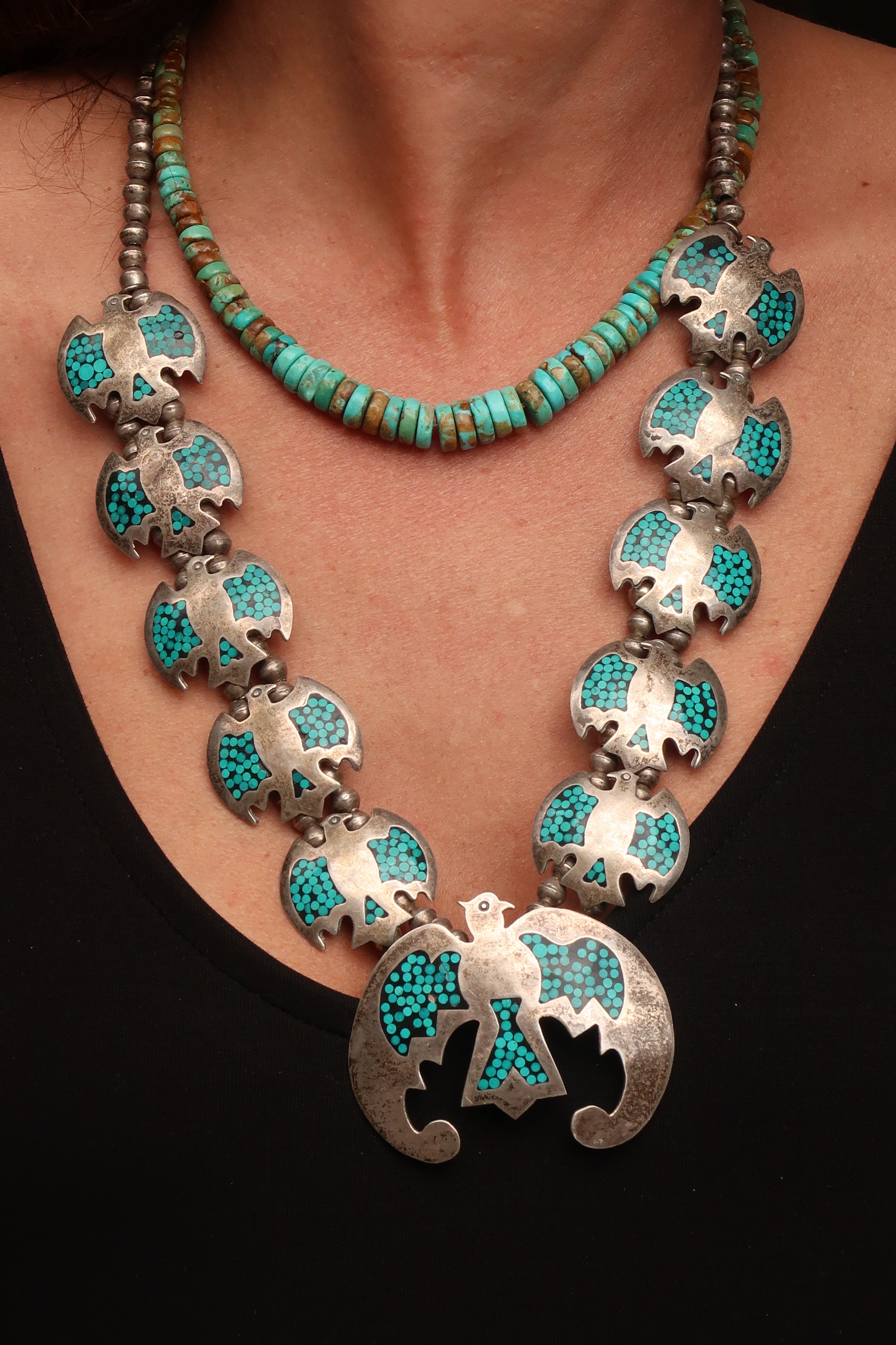 Inlay Peyote Bird Coral & Turquoise Squash Blossom Necklace Inlay Peyote Bird Coral & Turquoise Squash Blossom Necklace Native American Collection Native American Collection  Squash Blossom Vail