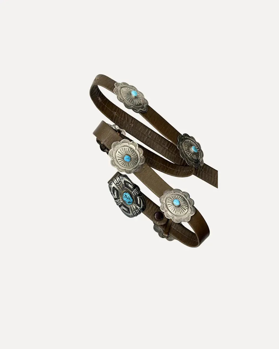 Leather Concho Belt with Sterling Silver & Turquoise Buckle by Native American