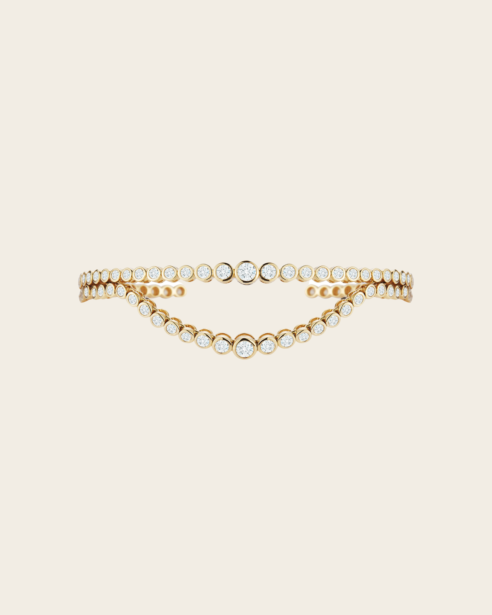 Double row bezel-set diamond bracelet with one row of articulated draped diamonds, 18kt yellow gold, with invisible side hinge.  18kt Yellow Gold 2.95 Total Diamond Carat Weight SI / H Min. Diamond Quality Invisible side hinge opening Handmade in Thailand