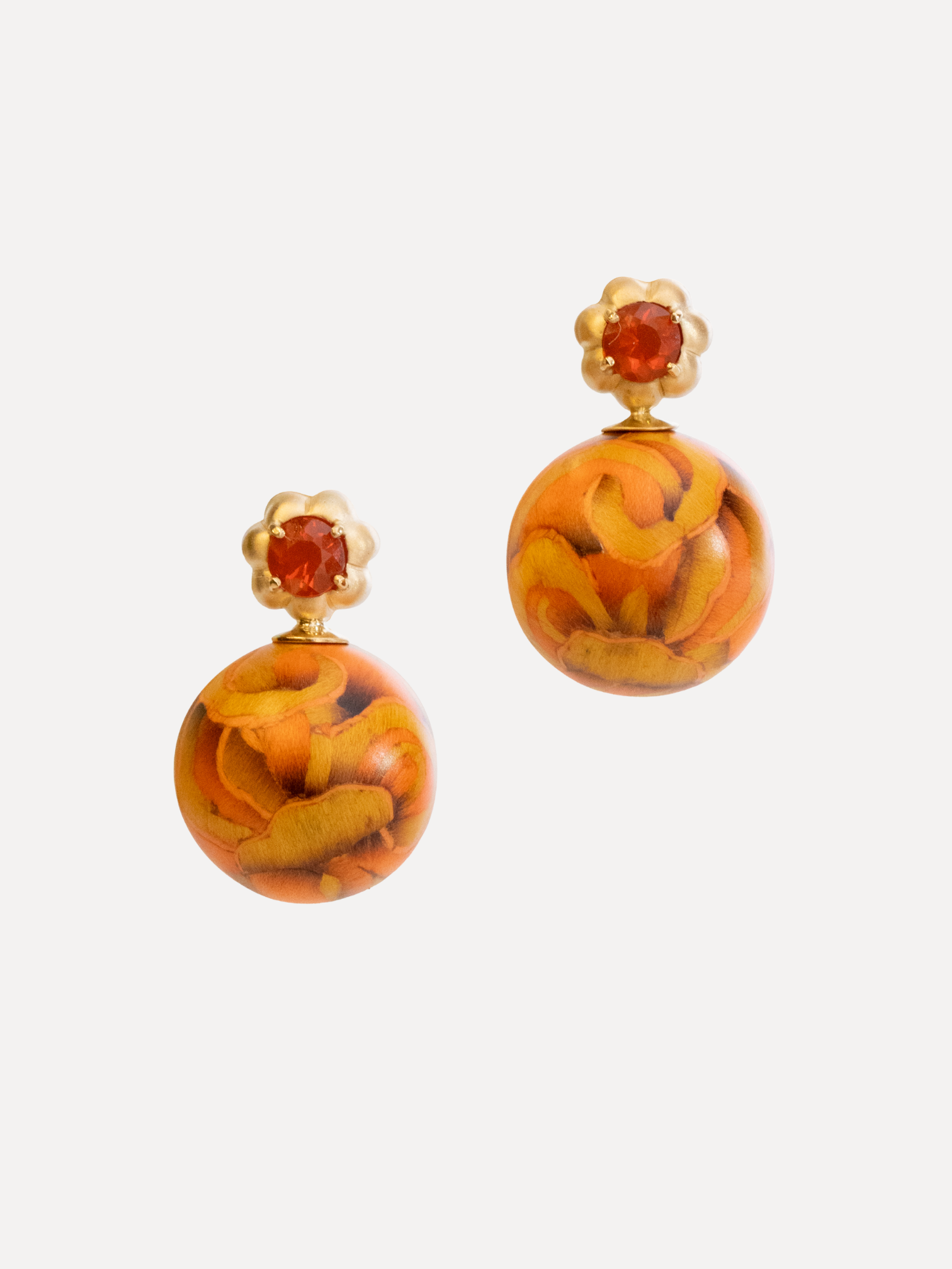 Marquetry Earrings with Fire Opal and Diamonds