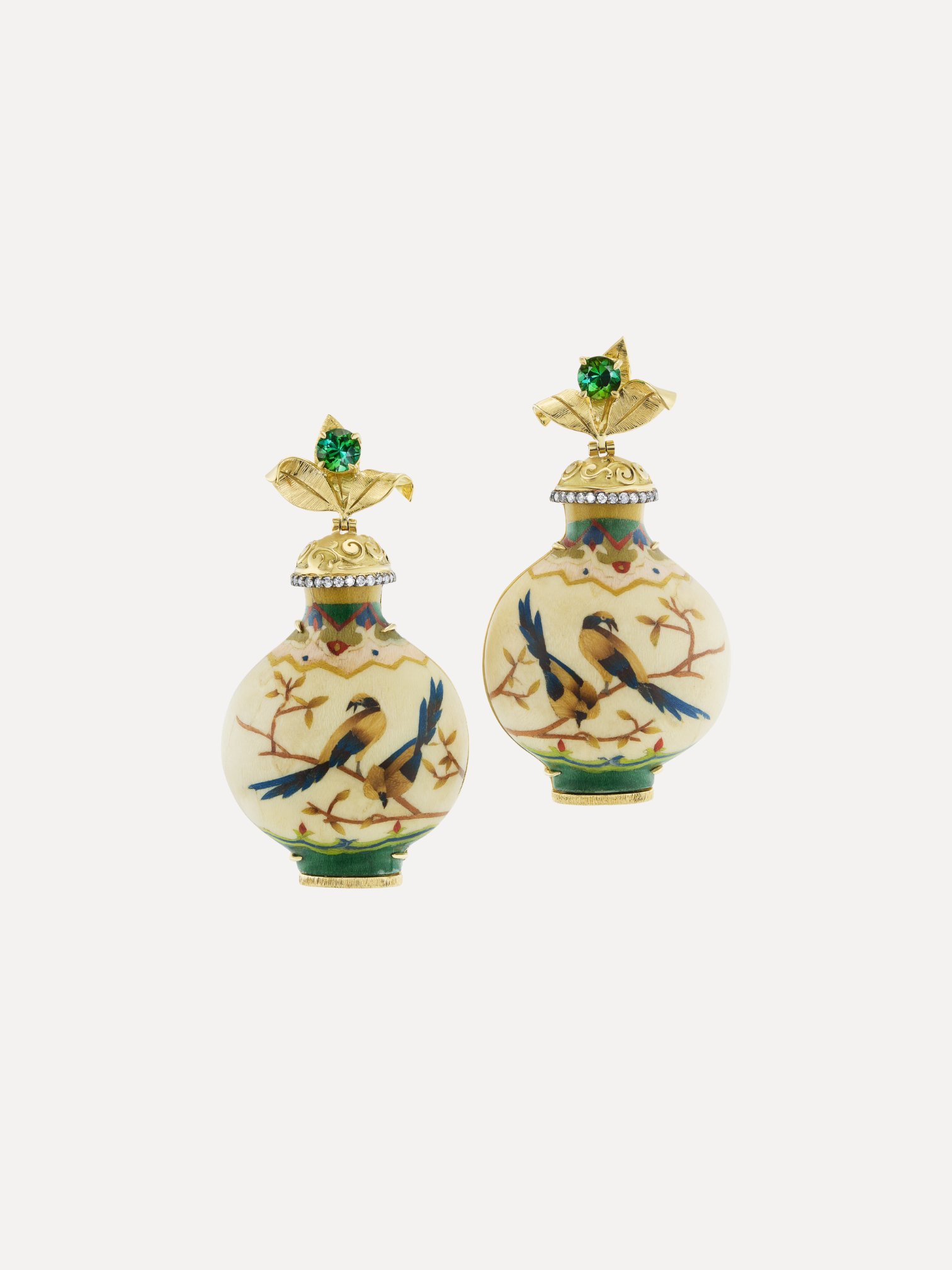 Marquetry Earrings with Green Tourmaline & Diamonds