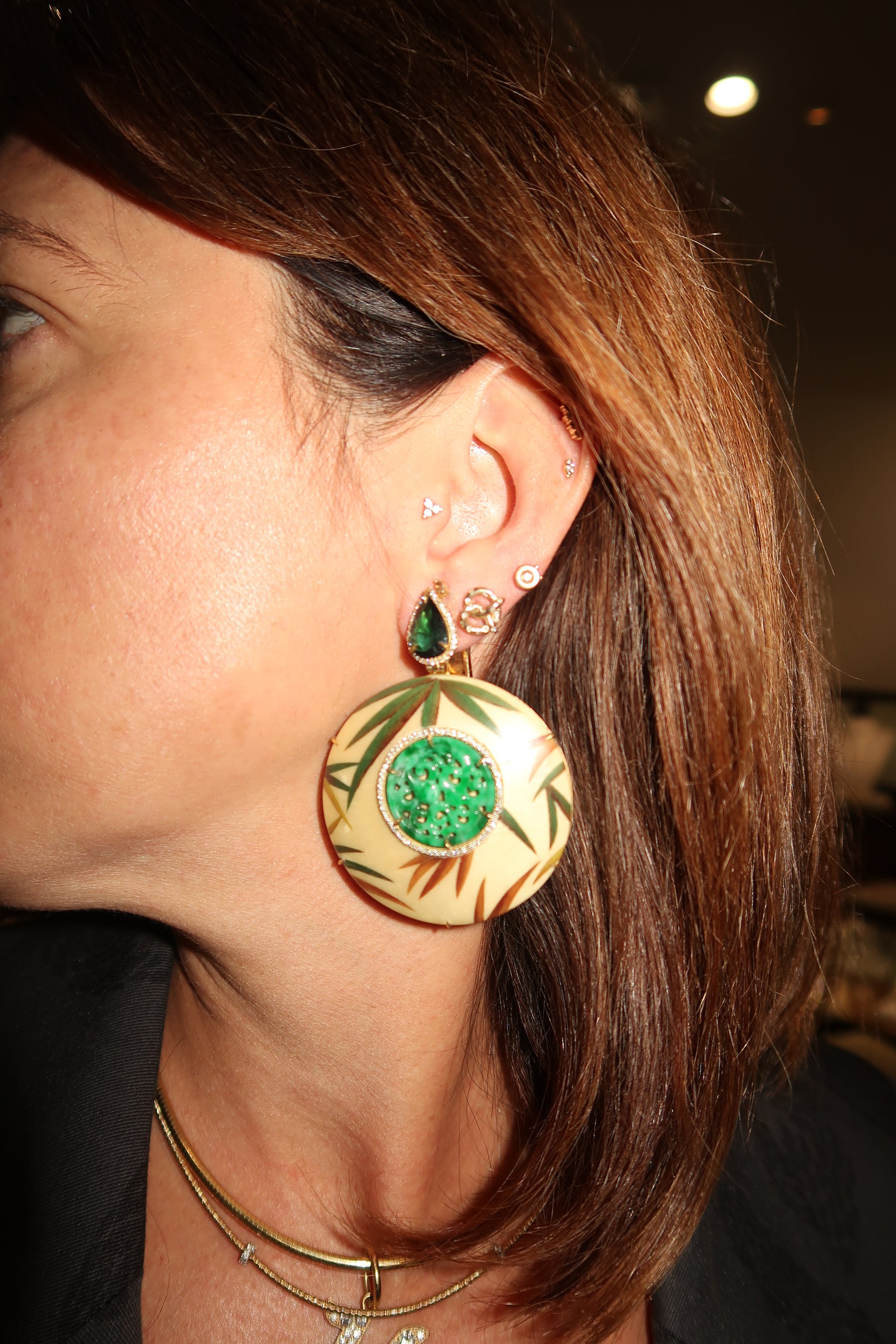 Marquetry earrings with diamond, green tourmaline, green jade and bamboo pattern Marquetry earrings with diamond, green tourmaline, green jade and bamboo pattern Silvia Furmanovich Silvia Furmanovich  Squash Blossom Vail