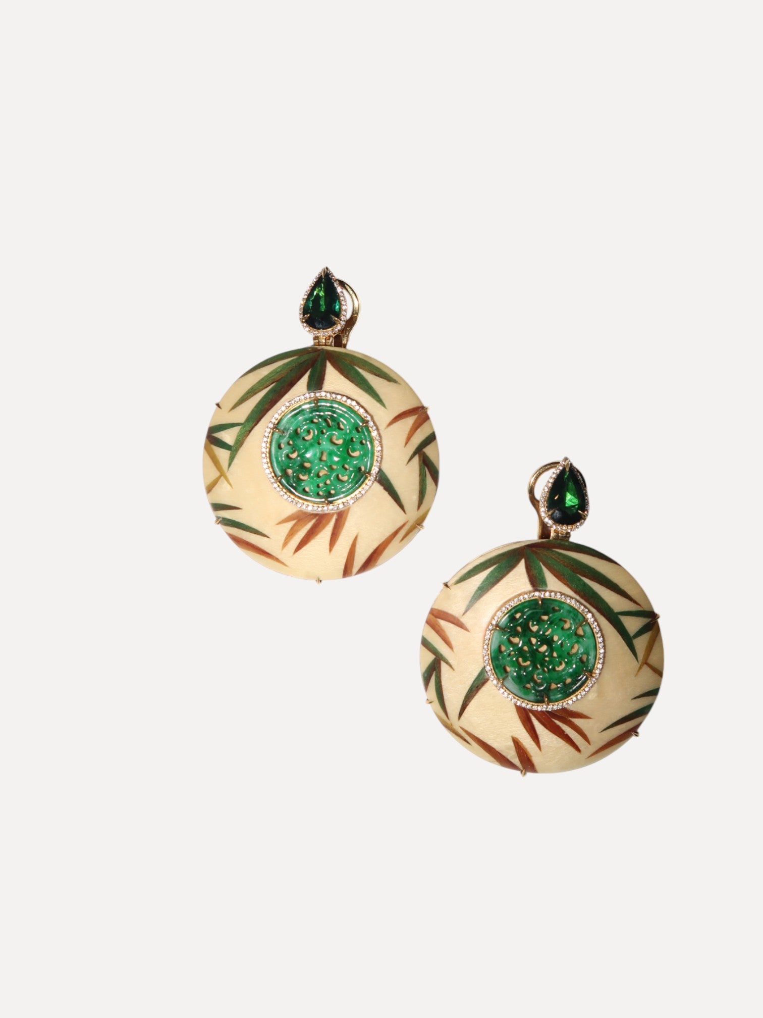 Marquetry earrings with diamond, green tourmaline, green jade and bamboo pattern Marquetry earrings with diamond, green tourmaline, green jade and bamboo pattern Silvia Furmanovich Silvia Furmanovich  Squash Blossom Vail