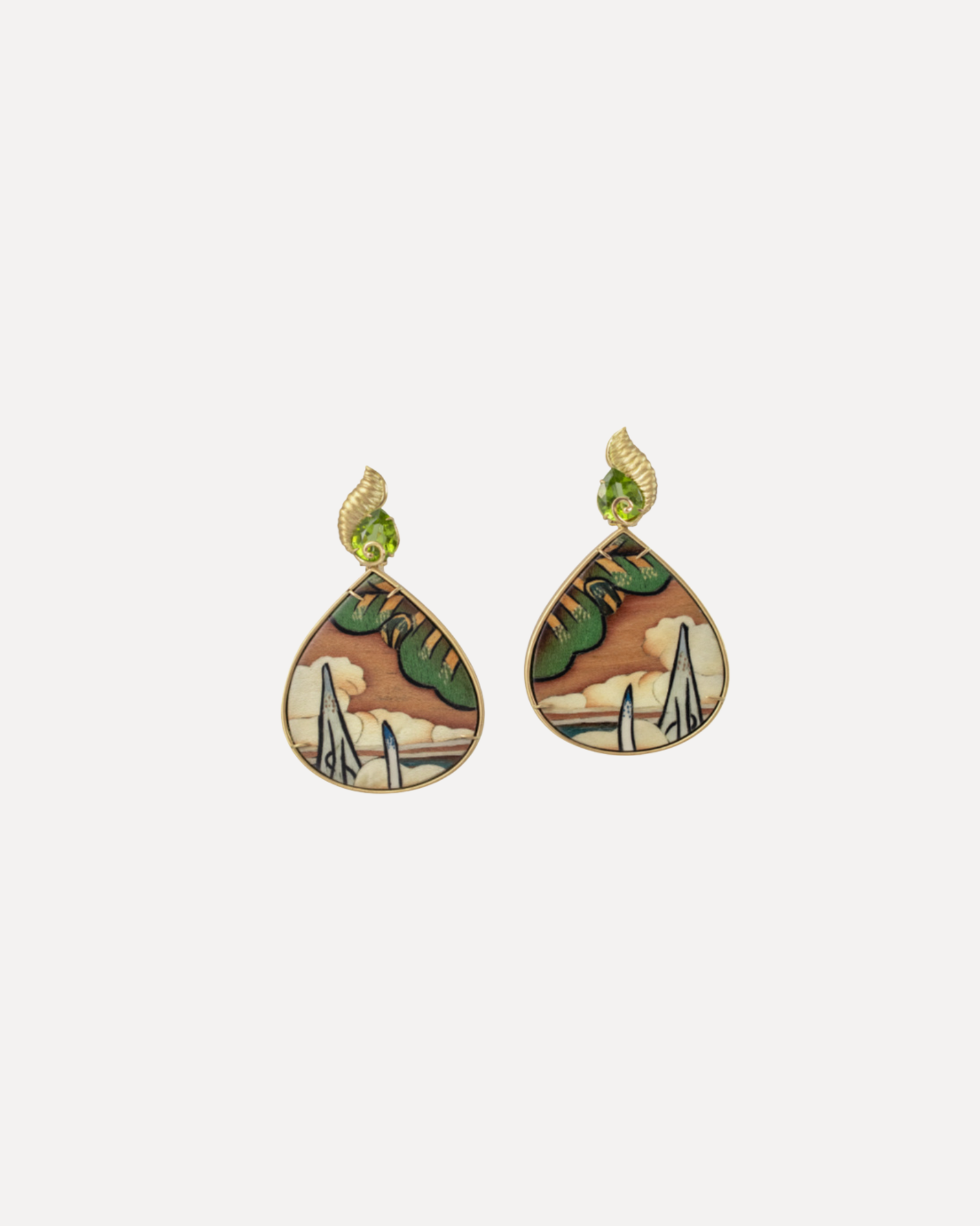 Marquetry earrings with drop format, Tibetan forest print, diamond and periodate - 18k yellow gold (0.23 ct diamond, 3.81 ct periodate) Marquetry earrings with drop format, Tibetan forest print, diamond and periodate - 18k yellow gold (0.23 ct diamond, 3.81 ct periodate) Silvia Furmanovich Silvia Furmanovich  Squash Blossom Vail