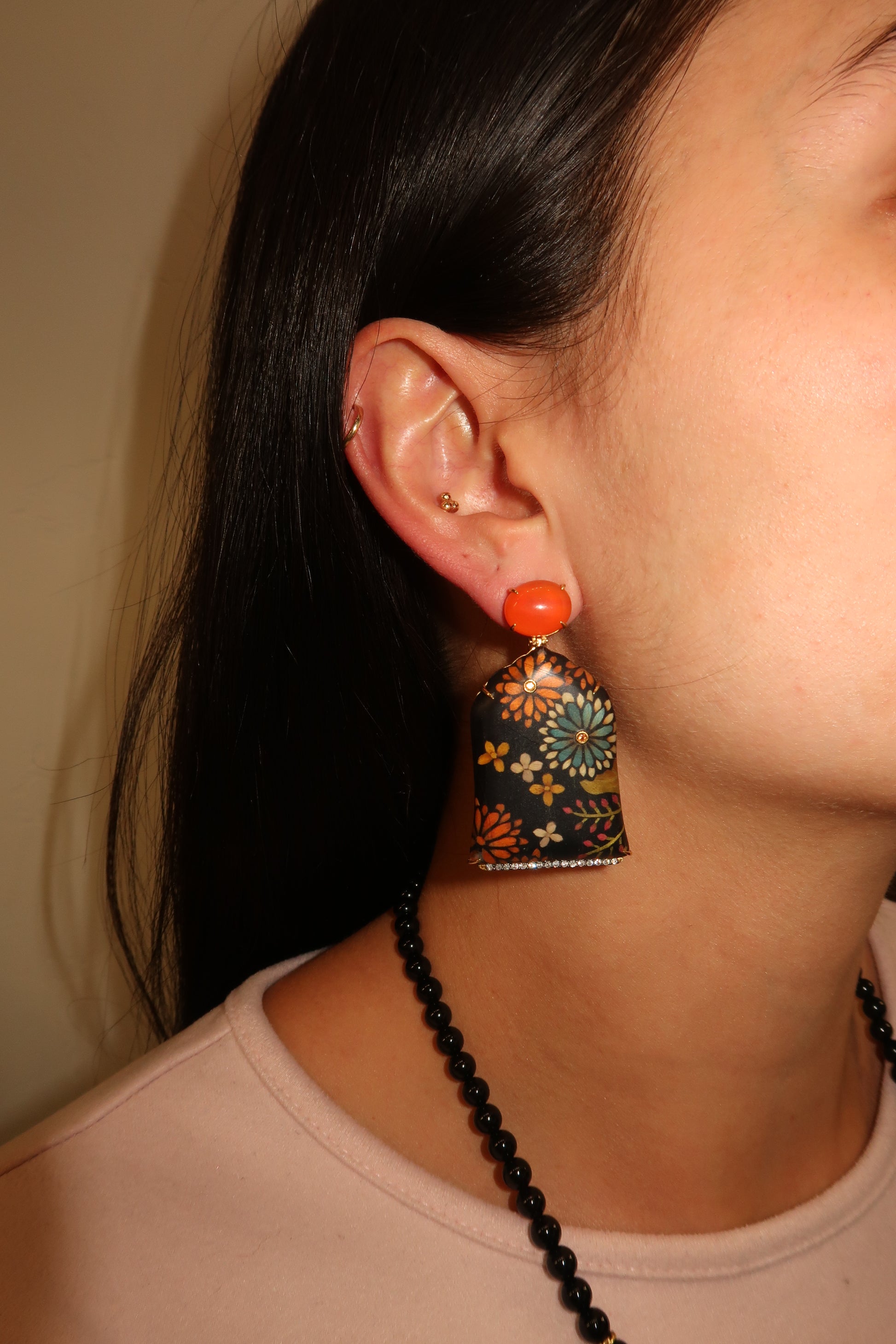 Marquetry earrings with orange sapphire and carnelian Marquetry earrings with orange sapphire and carnelian Silvia Furmanovich Silvia Furmanovich  Squash Blossom Vail