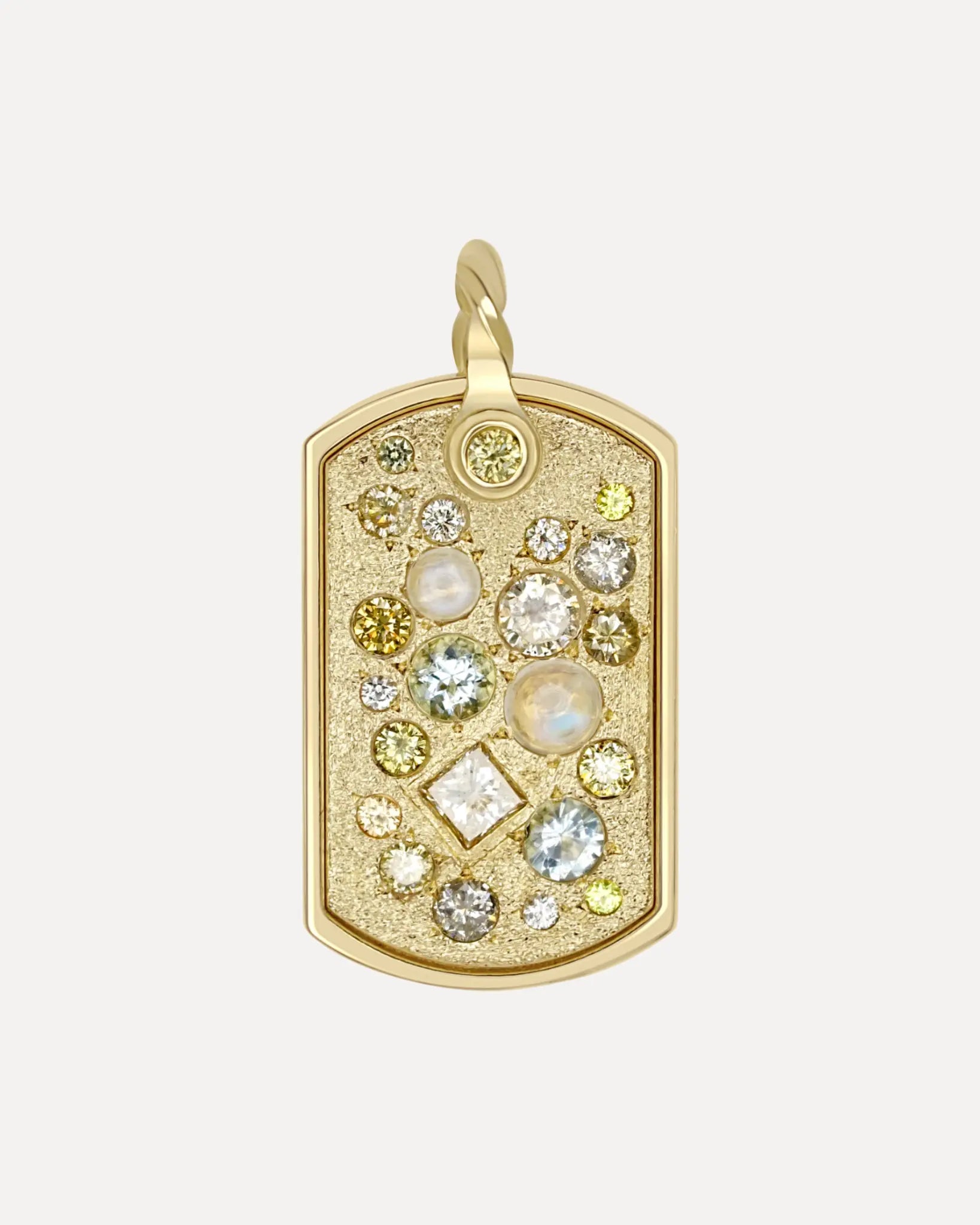 Medium Tag with Moonstone, Aquamarine and Sapphires Medium Tag with Moonstone, Aquamarine and Sapphires Miles McNeel Miles McNeel  Squash Blossom Vail