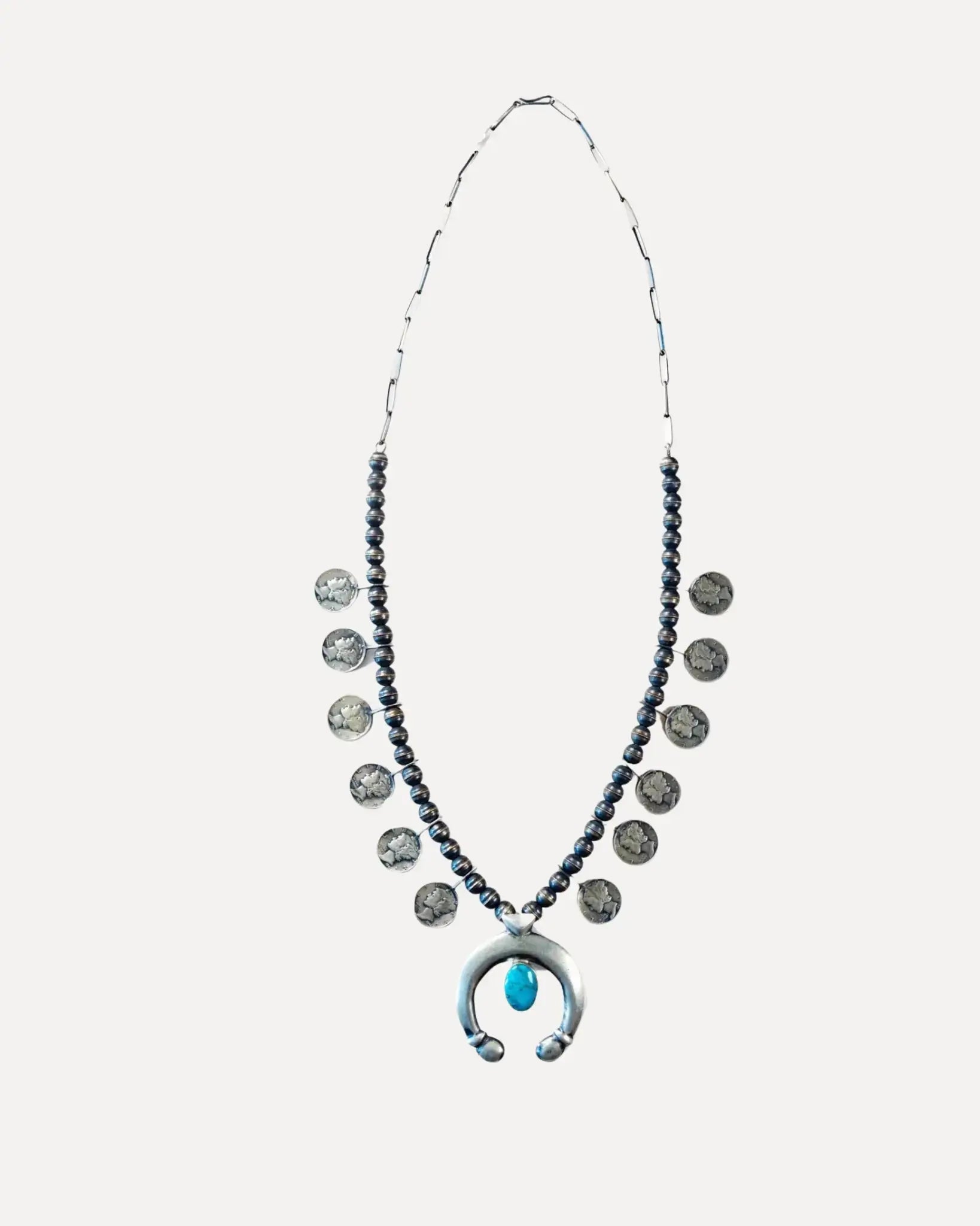 Sterling Silver Native American Mercury Dime & Turquoise Necklace