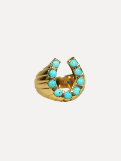 Gold horseshoe-shaped ring with turquoise stones on a white background