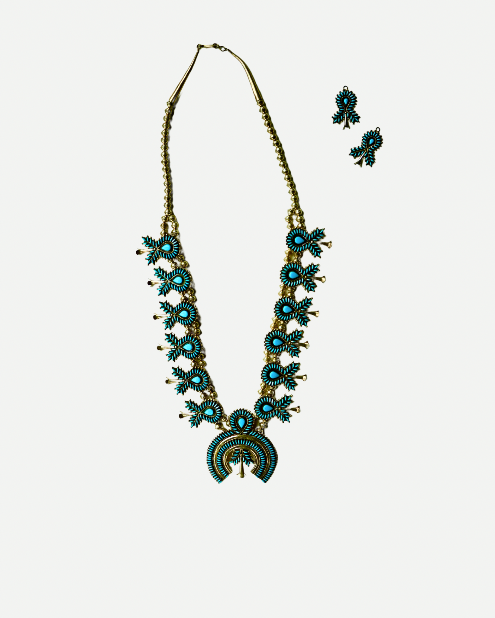 Native American Sterling Silver Turquoise Needlepoint Necklace & Earrings 