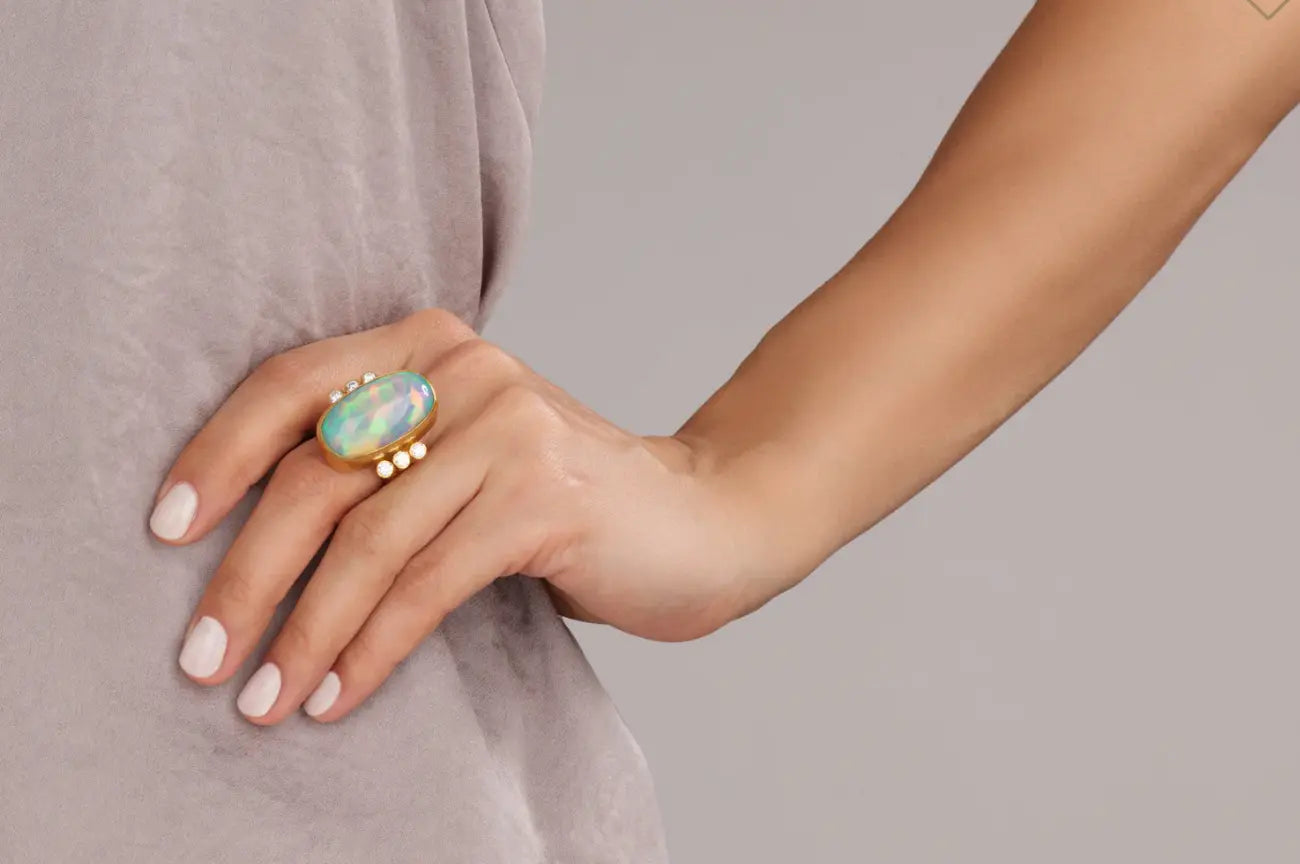 OOAK Opal Ring 24K, 28x16mm oval cabochon Ethiopian opal OOAK Opal Ring 24K, 28x16mm oval cabochon Ethiopian opal Gurhan Gurhan  Squash Blossom Vail