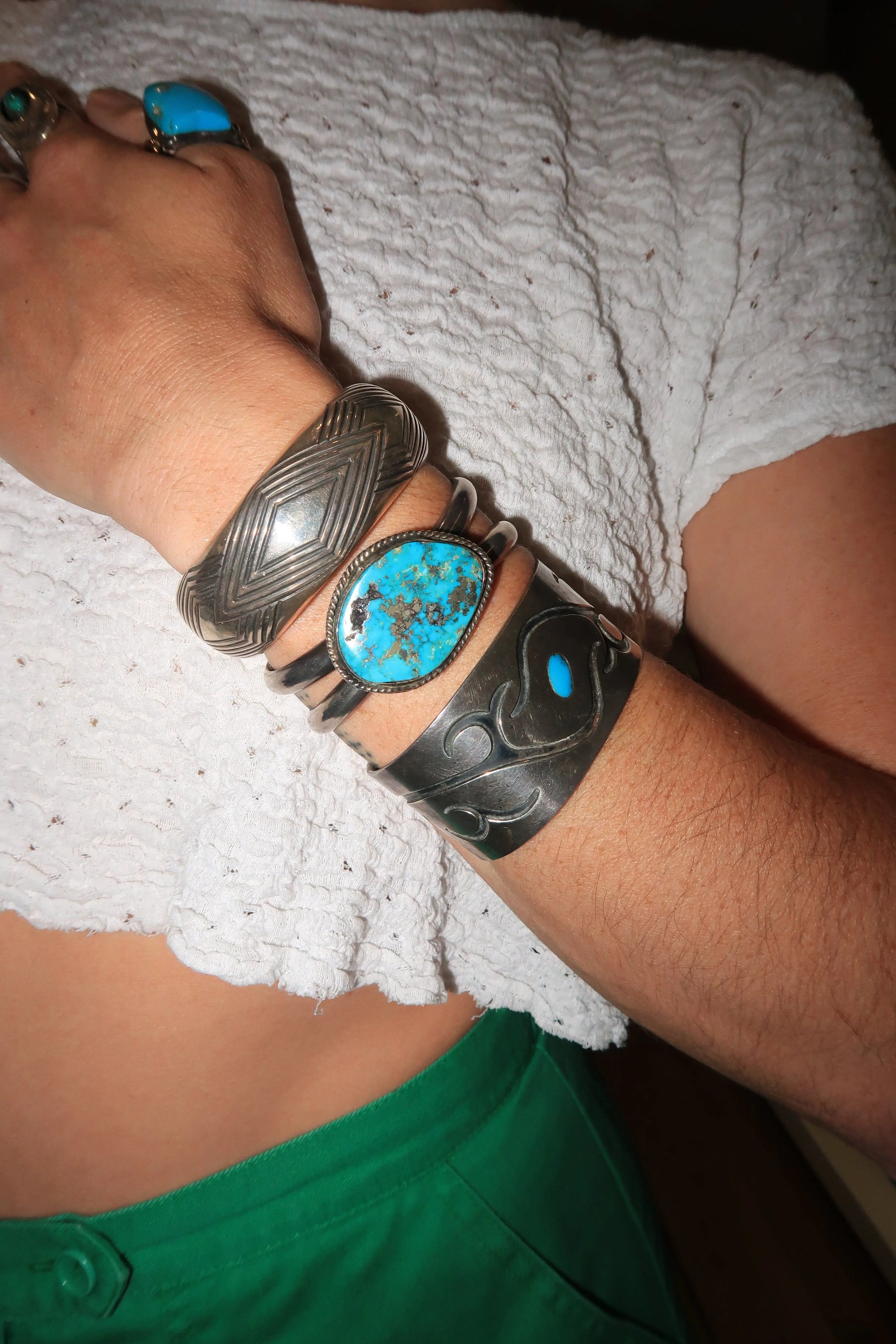 Overlay Cuff w flush Turquoise Center Overlay Cuff w flush Turquoise Center Native American Collection Native American Collection  Squash Blossom Vail