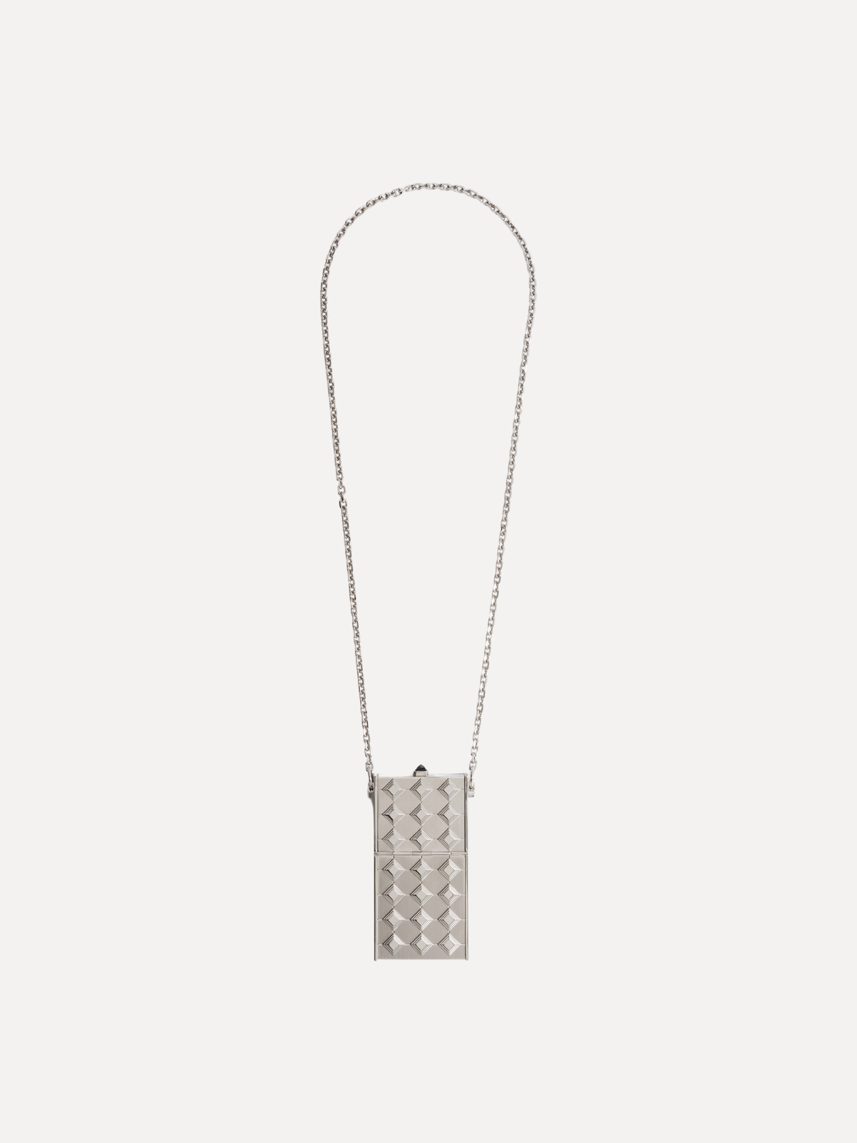 A silver-toned woven leather crossbody bag with a long chain strap, shown against a light gray background.