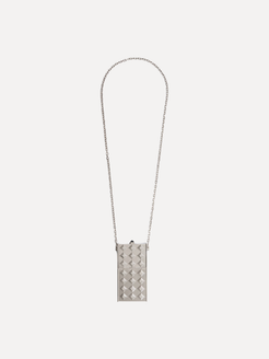 A silver-toned woven leather crossbody bag with a long chain strap, shown against a light gray background.